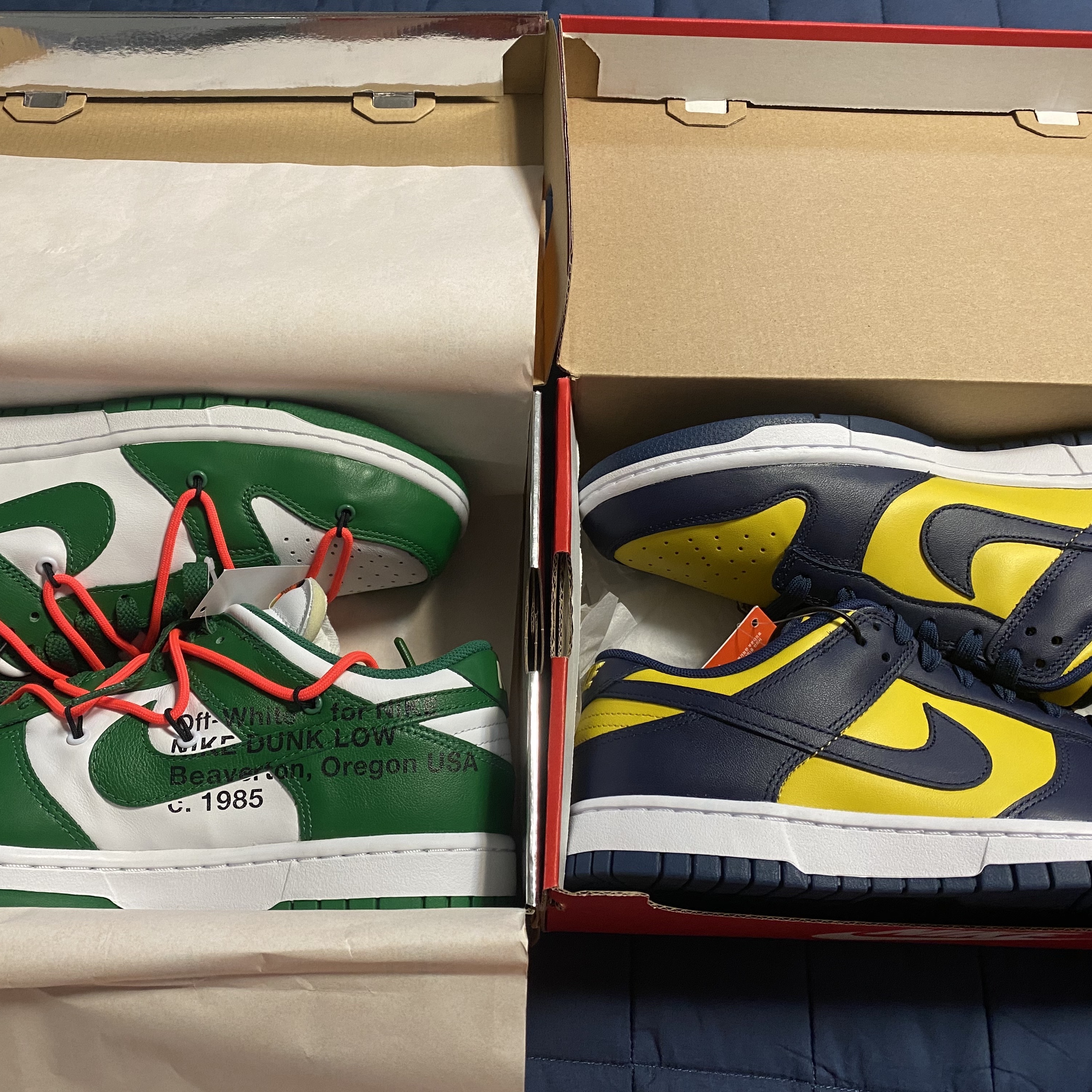 Nike x Off-White Dunk Low Pine Green, Nike Dunk Low Retro Varsity Maize 착용 스타일