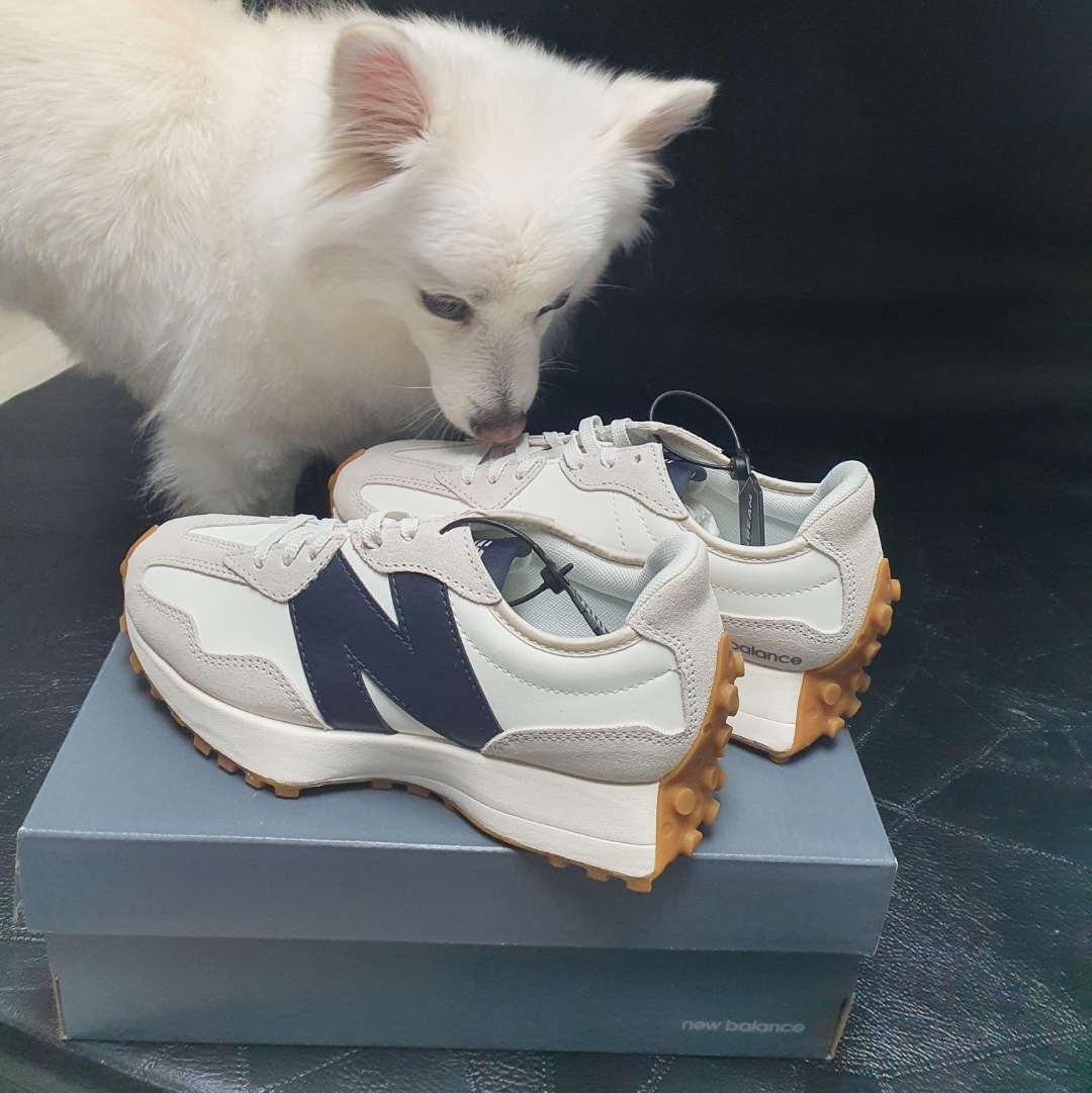 (W) New Balance 327 Beige Gum 착용 스타일 - 2