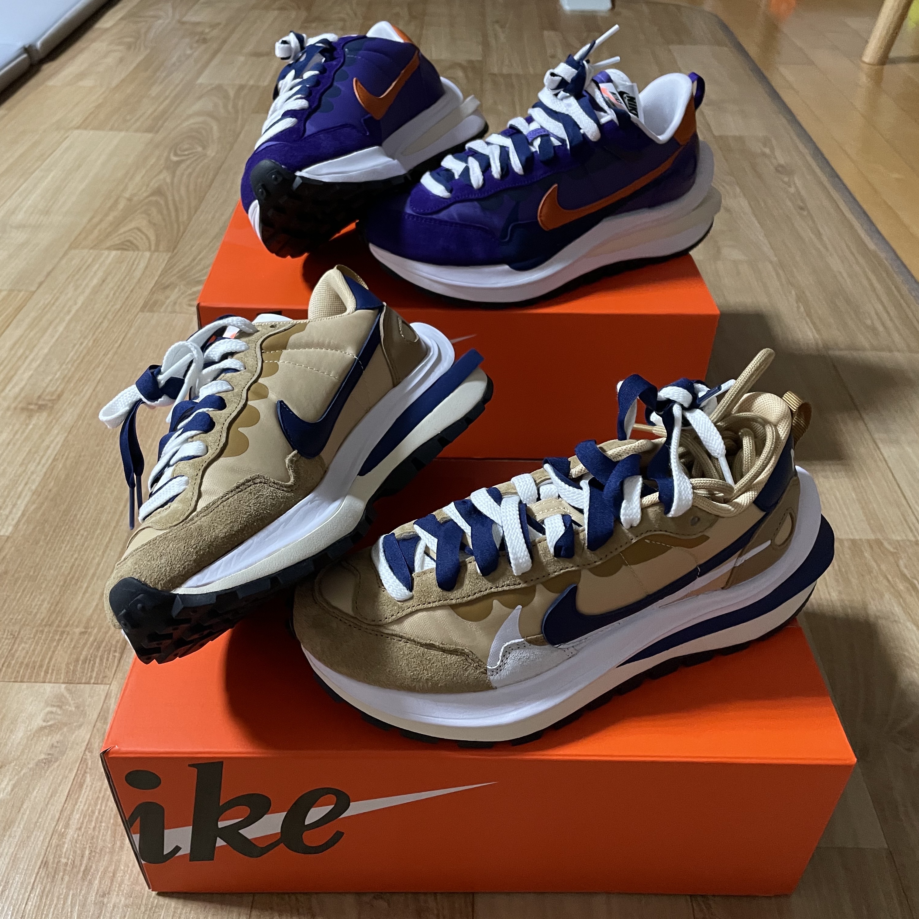Nike x Sacai VaporWaffle Dark Iris, Nike x Sacai VaporWaffle Sesame and Blue Void 착용 스타일