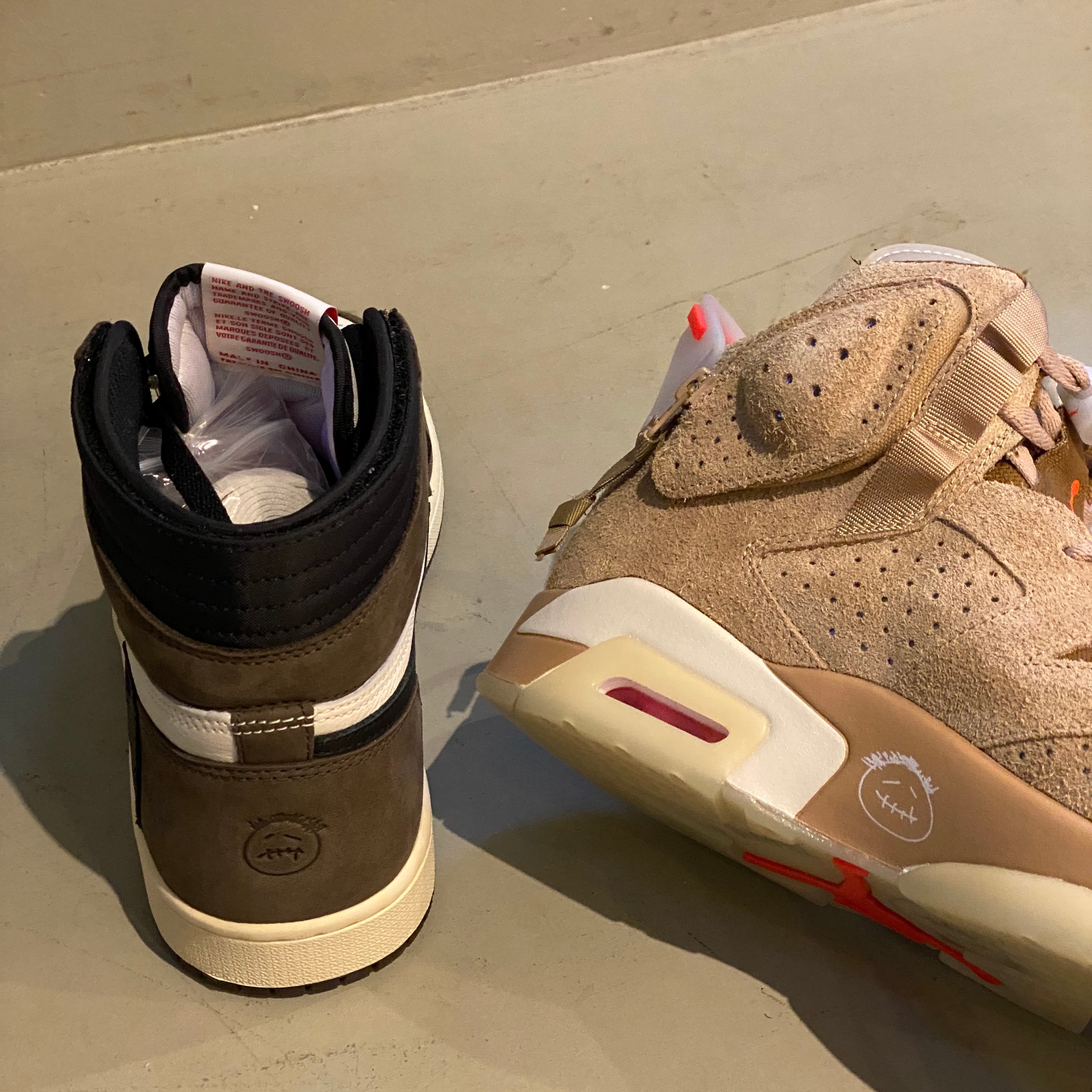 Jordan 6 x Travis Scott Retro SP British Khaki, Jordan 1 x Travis Scott Retro High OG SP Mocha 착용 스타일 - 1