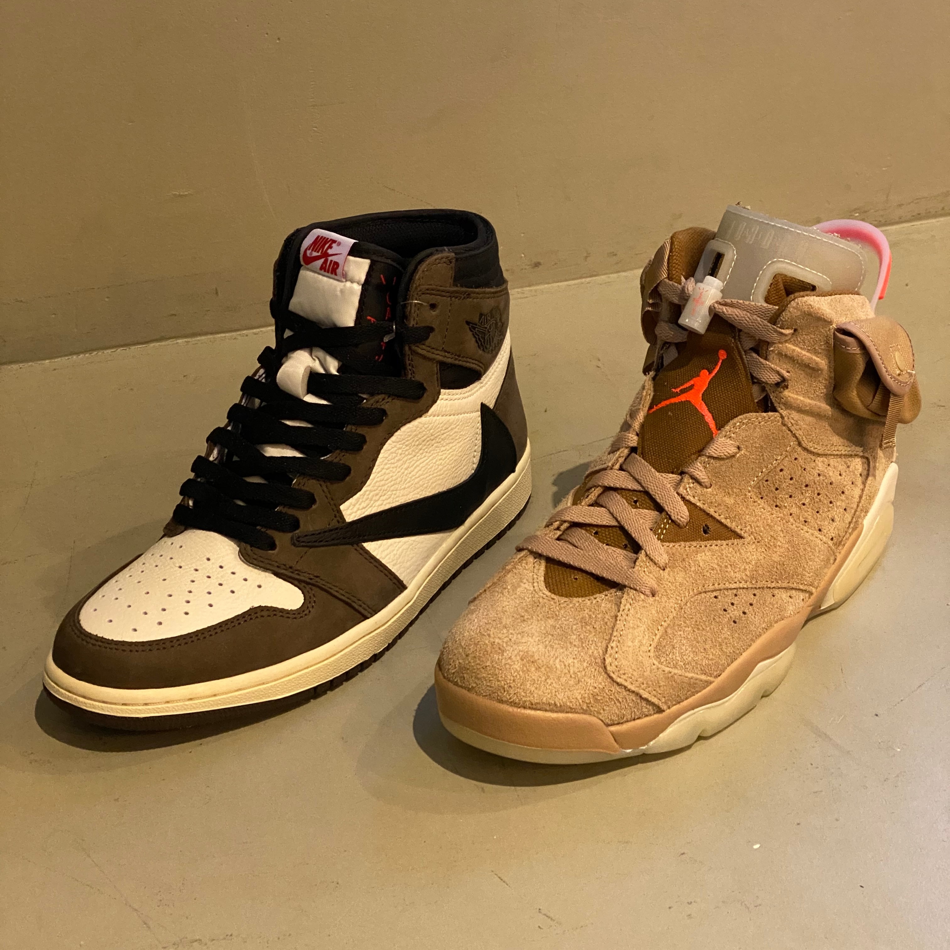 Jordan 6 x Travis Scott Retro SP British Khaki, Jordan 1 x Travis Scott Retro High OG SP Mocha 착용 스타일 - 3