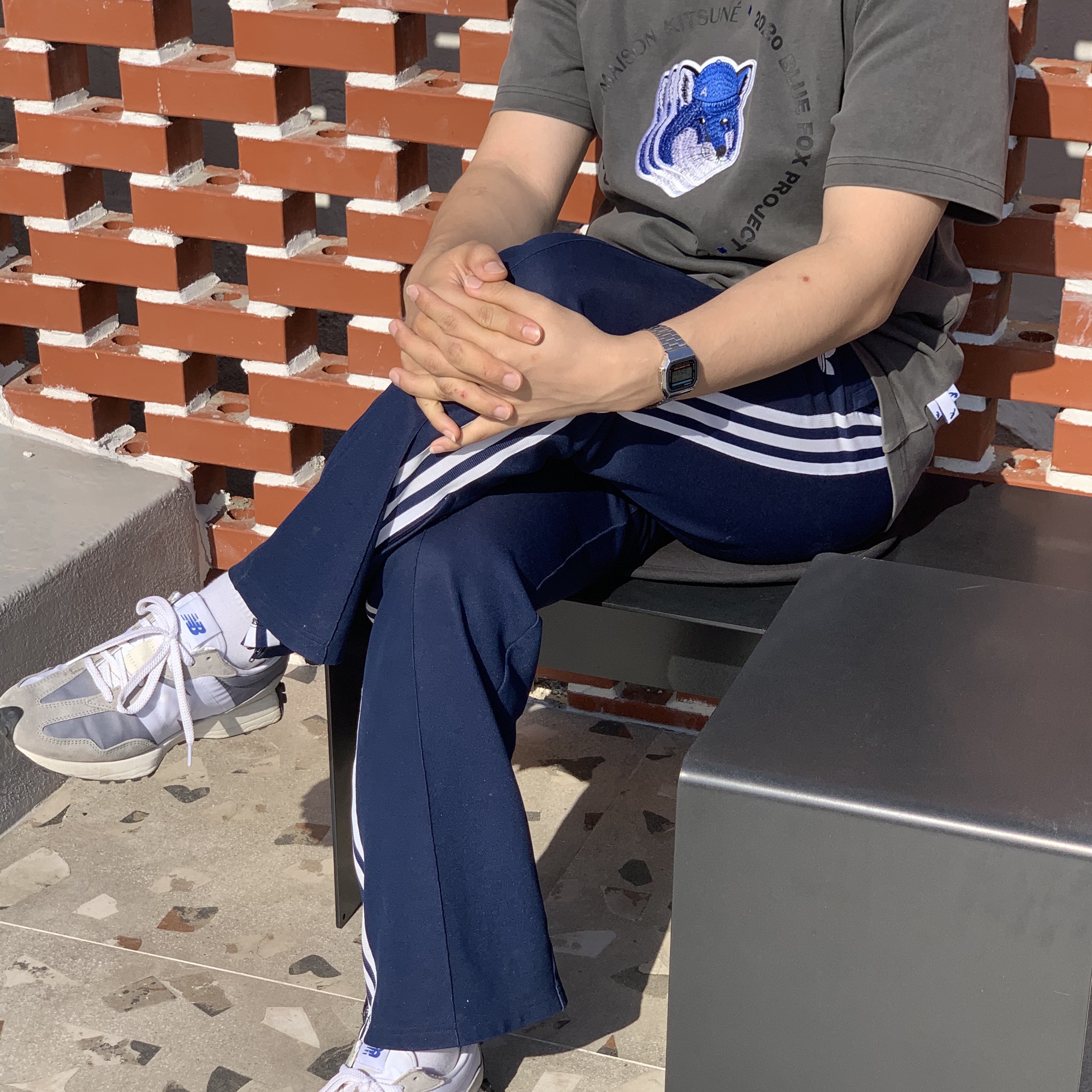 Maison Kitsune x Ader Error Triple Fox Head Logo T-Shirt Grey, New Balance 327 Grey 착용 스타일
