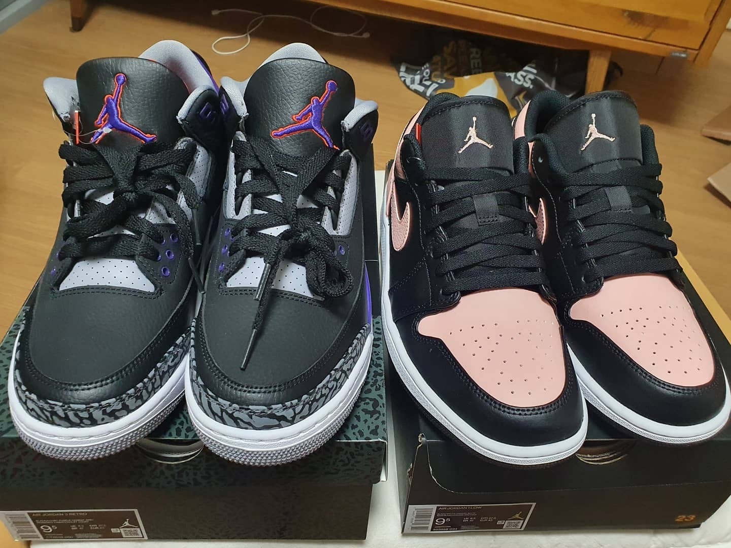 Jordan 3 Retro Court Purple, Jordan 1 Low Crimson Tint 착용 스타일 - 4