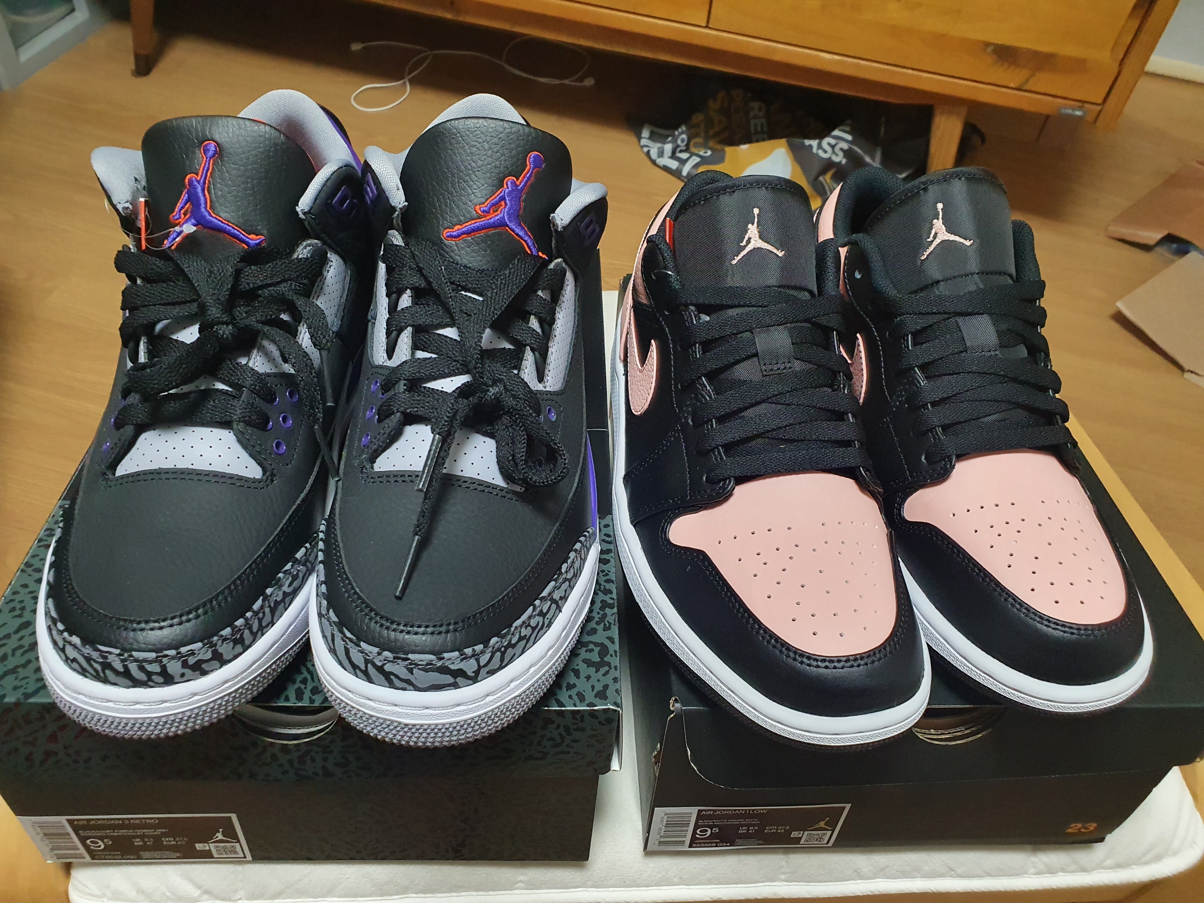 Jordan 3 Retro Court Purple, Jordan 1 Low Crimson Tint 착용 스타일 - 2