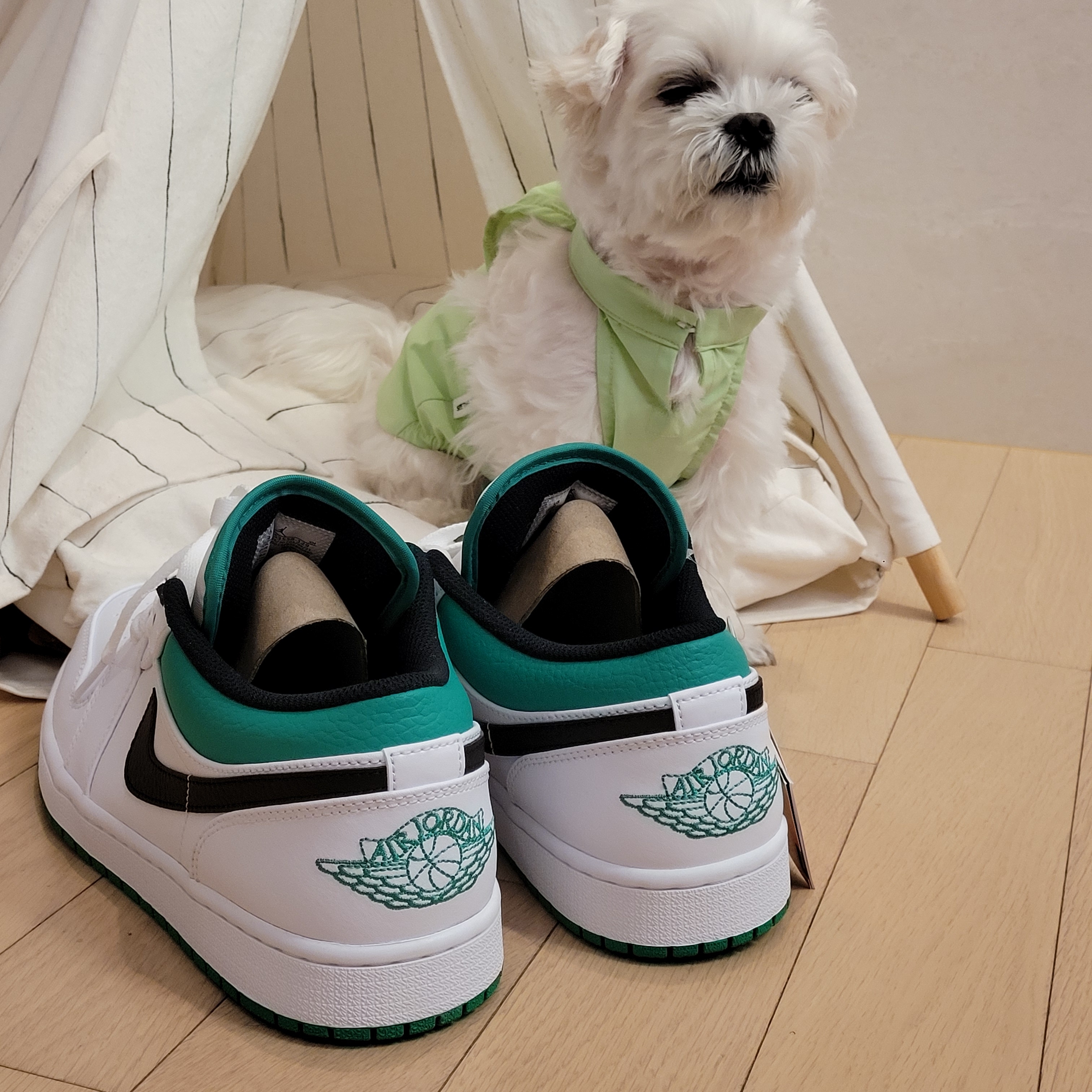 Jordan 1 Low White Lucky Green 착용 스타일 - 4