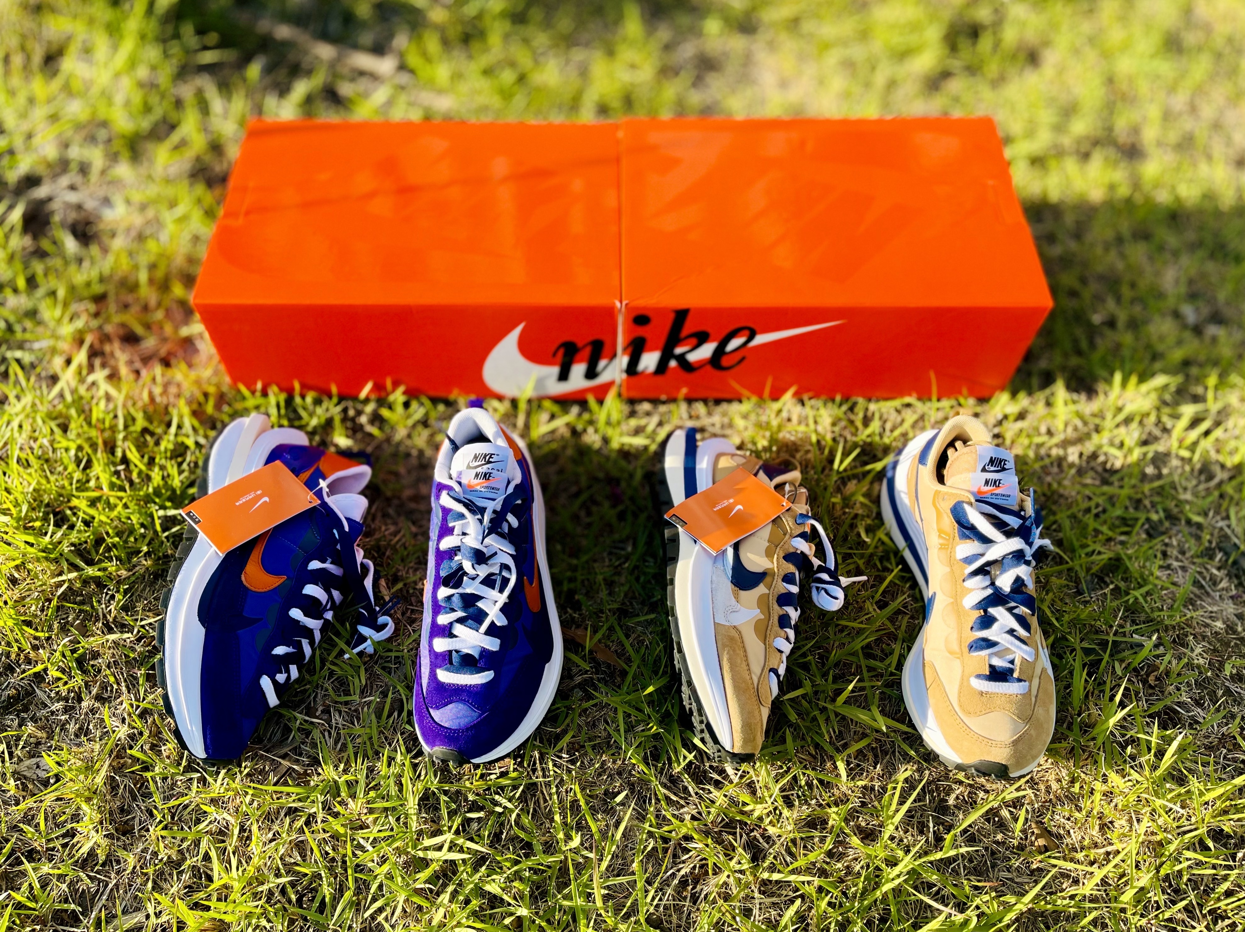 Nike x Sacai VaporWaffle Sesame and Blue Void, Nike x Sacai VaporWaffle Dark Iris 착용 스타일