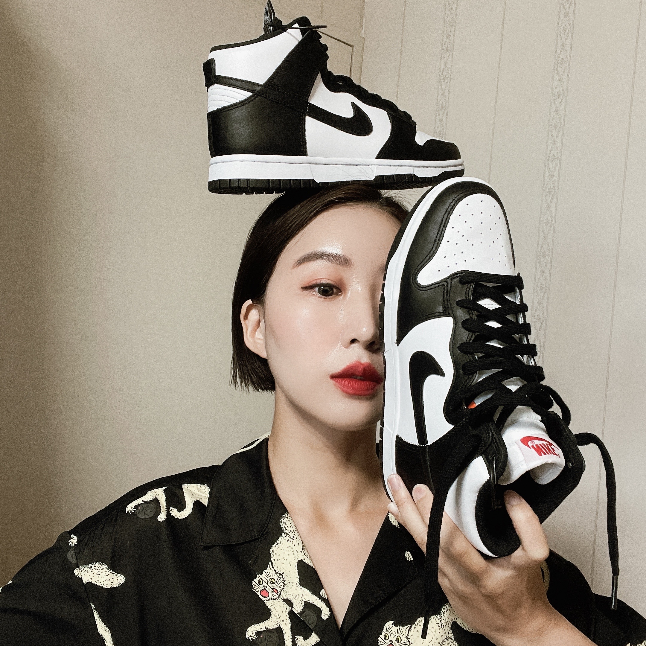 Nike Dunk High Retro Black and White 착용 스타일 - 3