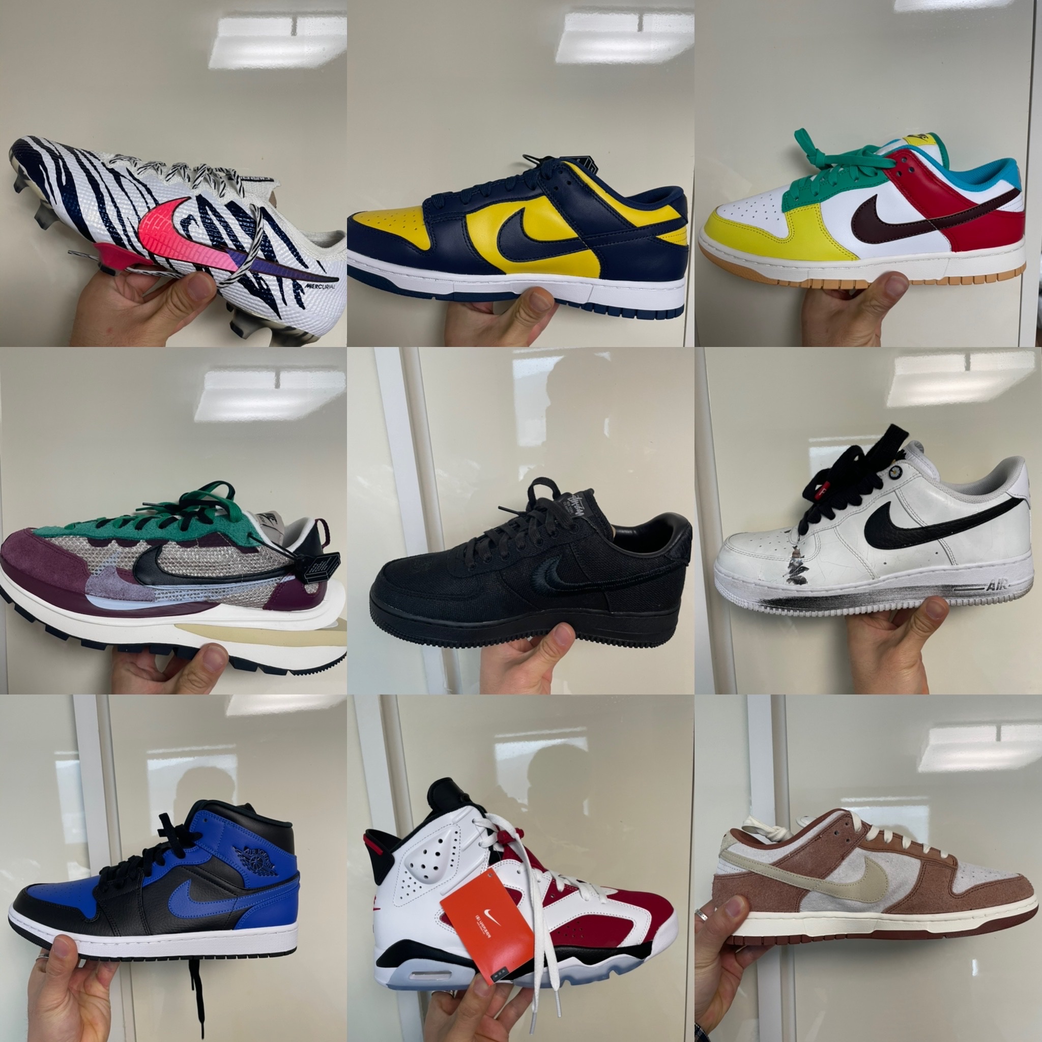Nike x Stussy Air Force 1 Low Triple Black, Nike x Sacai VaporWaffle String & Black Villain Red 착용 스타일