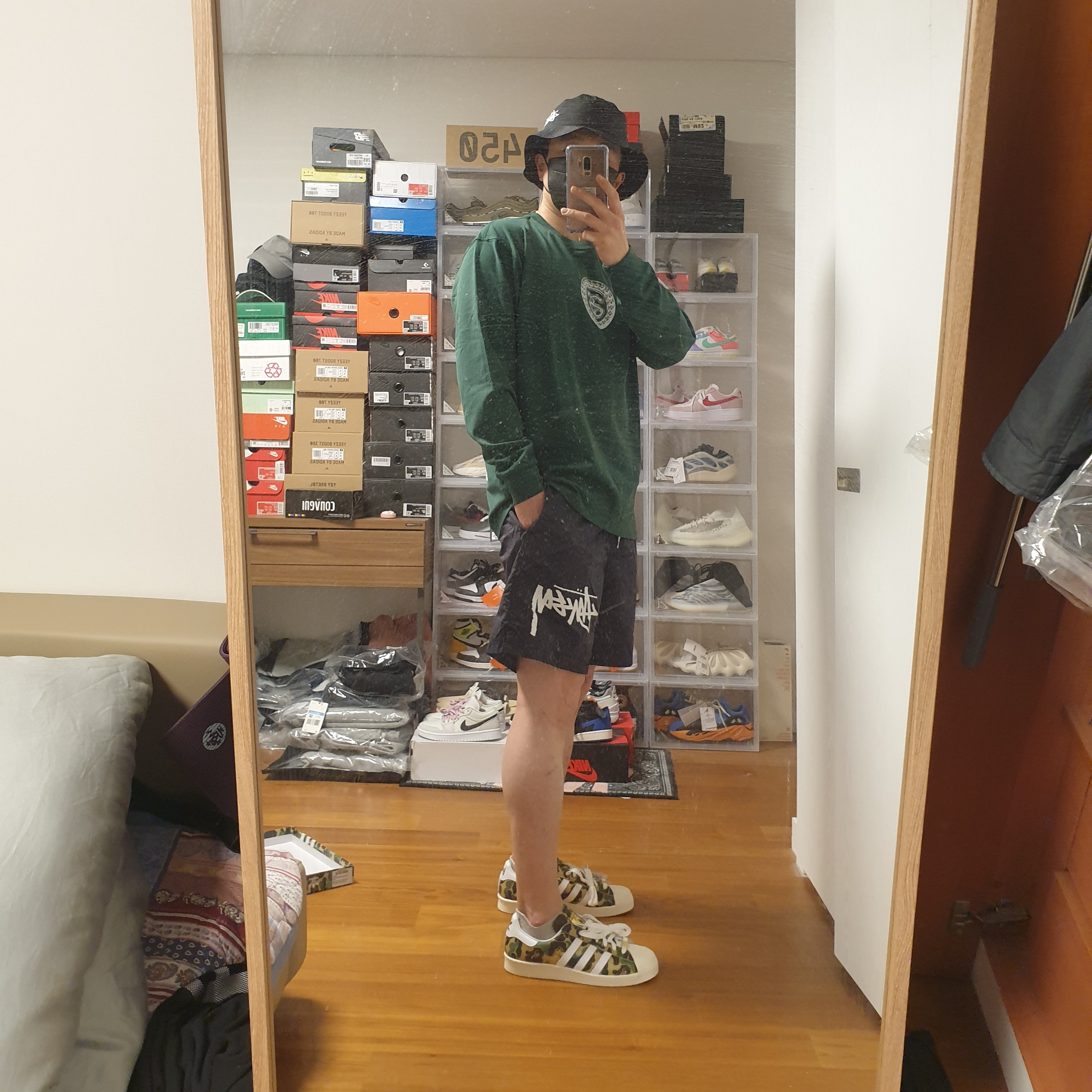 Adidas x BAPE Superstar 80s Green Camo, Nike x Stussy Water Shorts Off Noir 착용 스타일 - 3