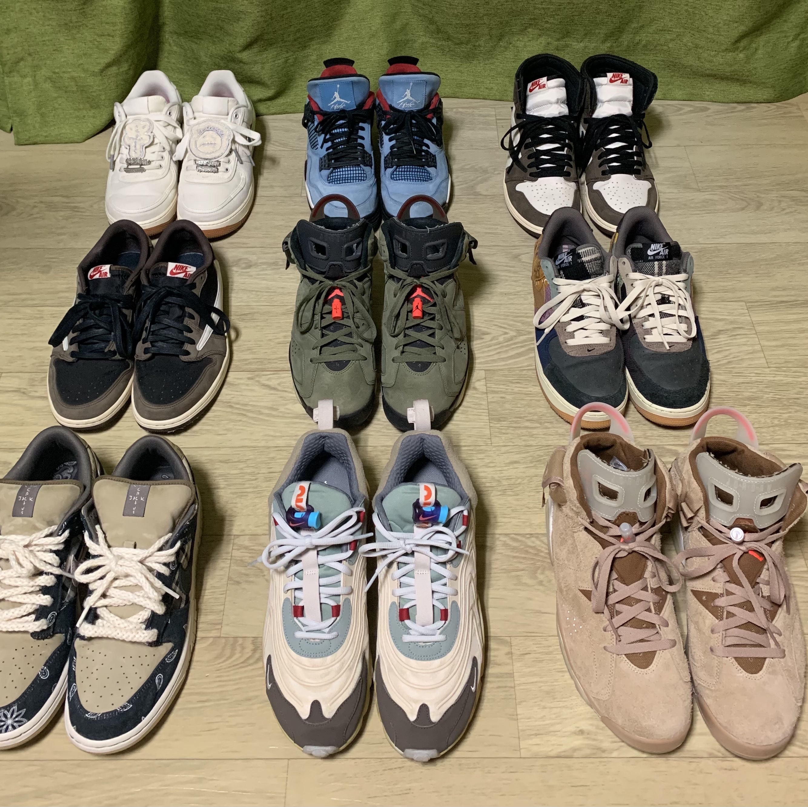 Jordan 6 x Travis Scott Retro SP British Khaki, Jordan 1 x Travis Scott Retro High OG SP Mocha 착용 스타일