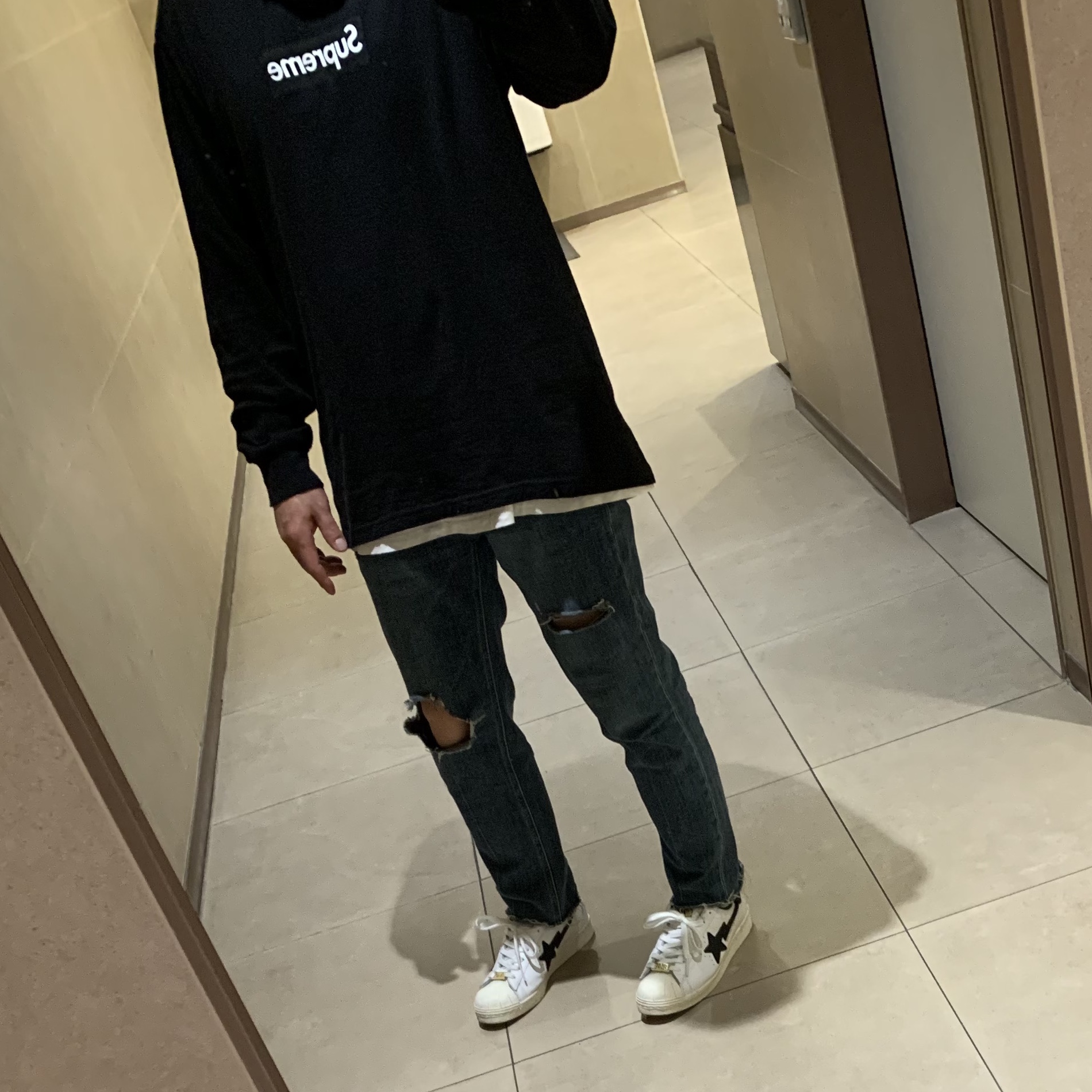 Adidas x BAPE Superstar 80s White Black, Supreme Box Logo L/S T-Shirt Black - 20FW 착용 스타일