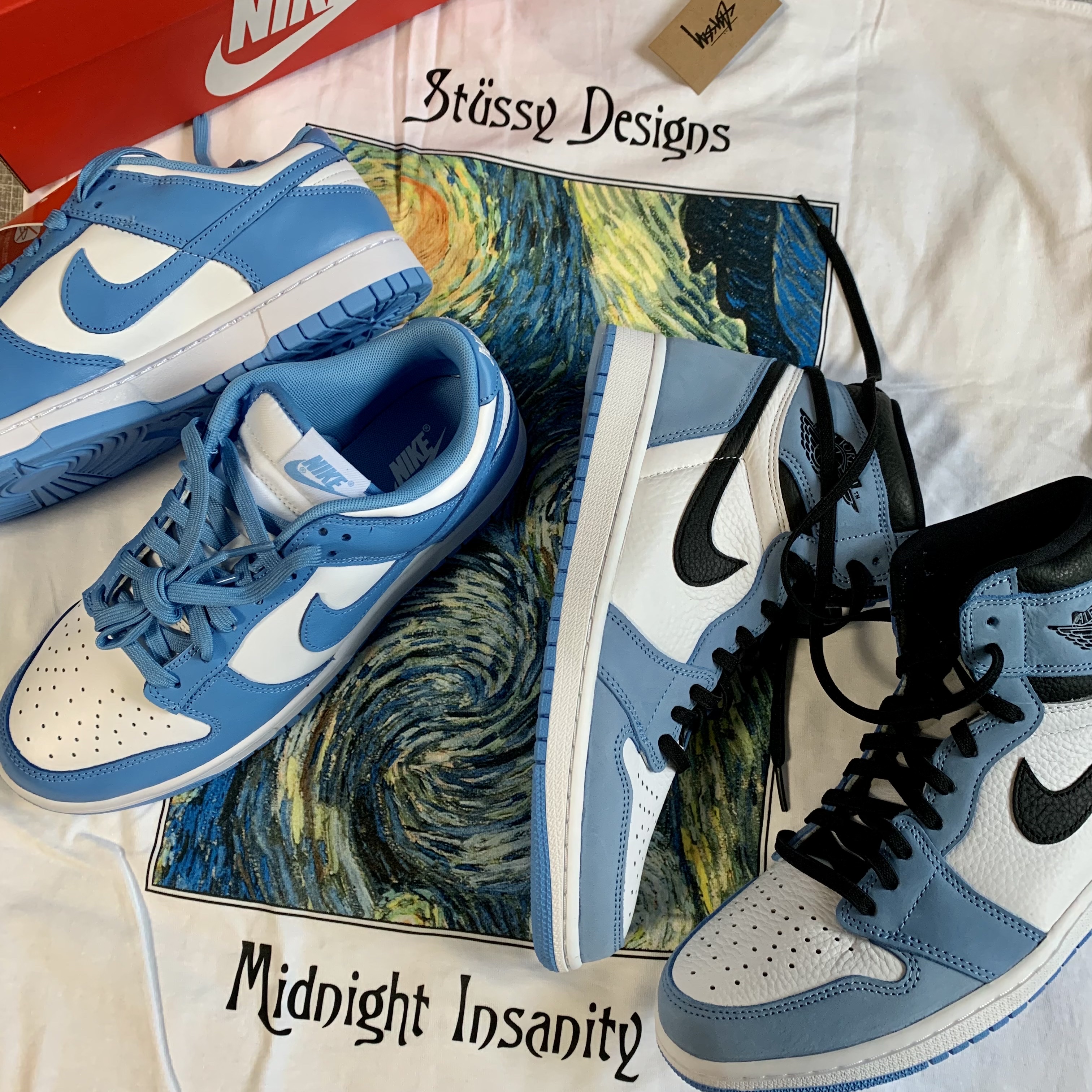 Nike Dunk Low Retro University Blue, Jordan 1 Retro High OG University Blue 착용 스타일