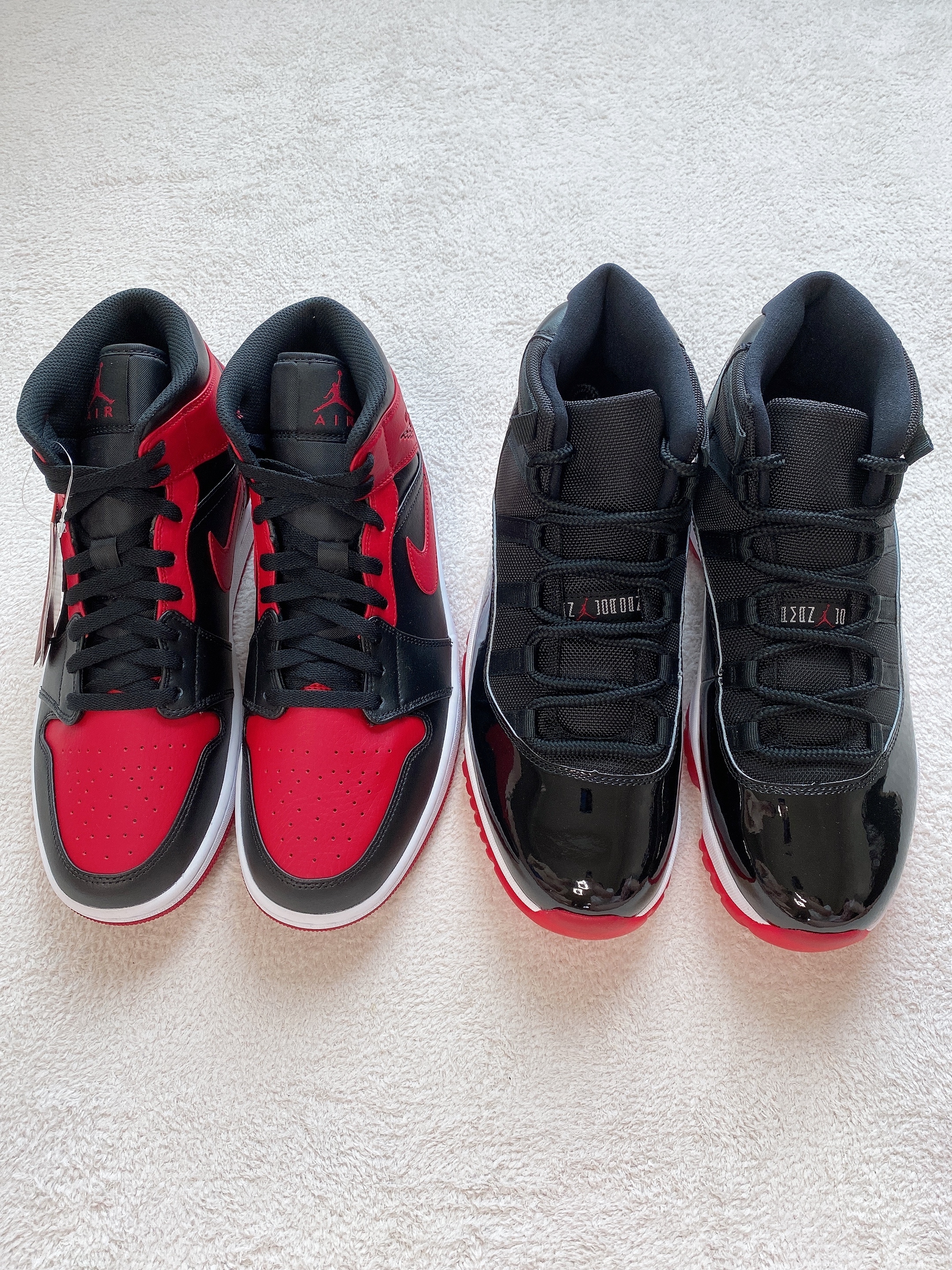 Jordan 1 Mid Bred Banned 2020, Jordan 11 Retro Bred 2019 착용 스타일