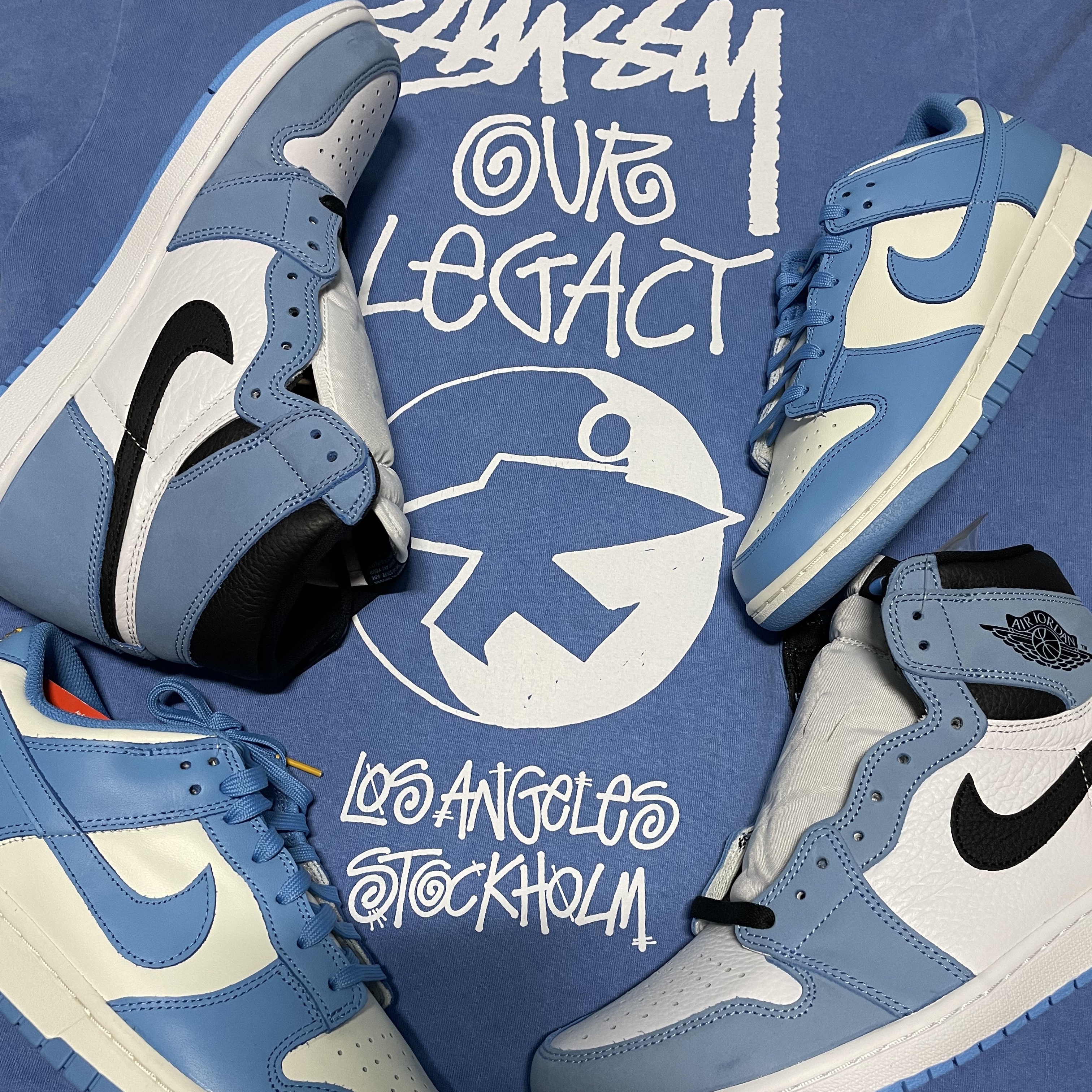 Stussy x Our Legacy Surfman T-Shirt Blue - 21SS, Jordan 1 Retro High OG University Blue 착용 스타일