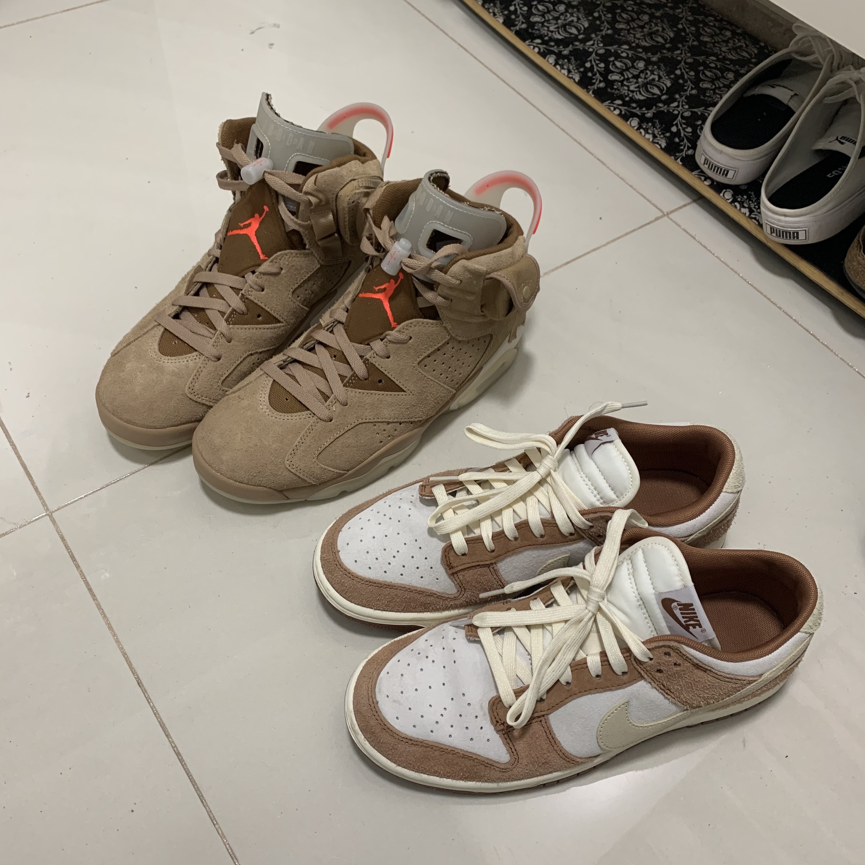Jordan 6 x Travis Scott Retro SP British Khaki, Nike Dunk Low Pro Premium Medium Curry 착용 스타일