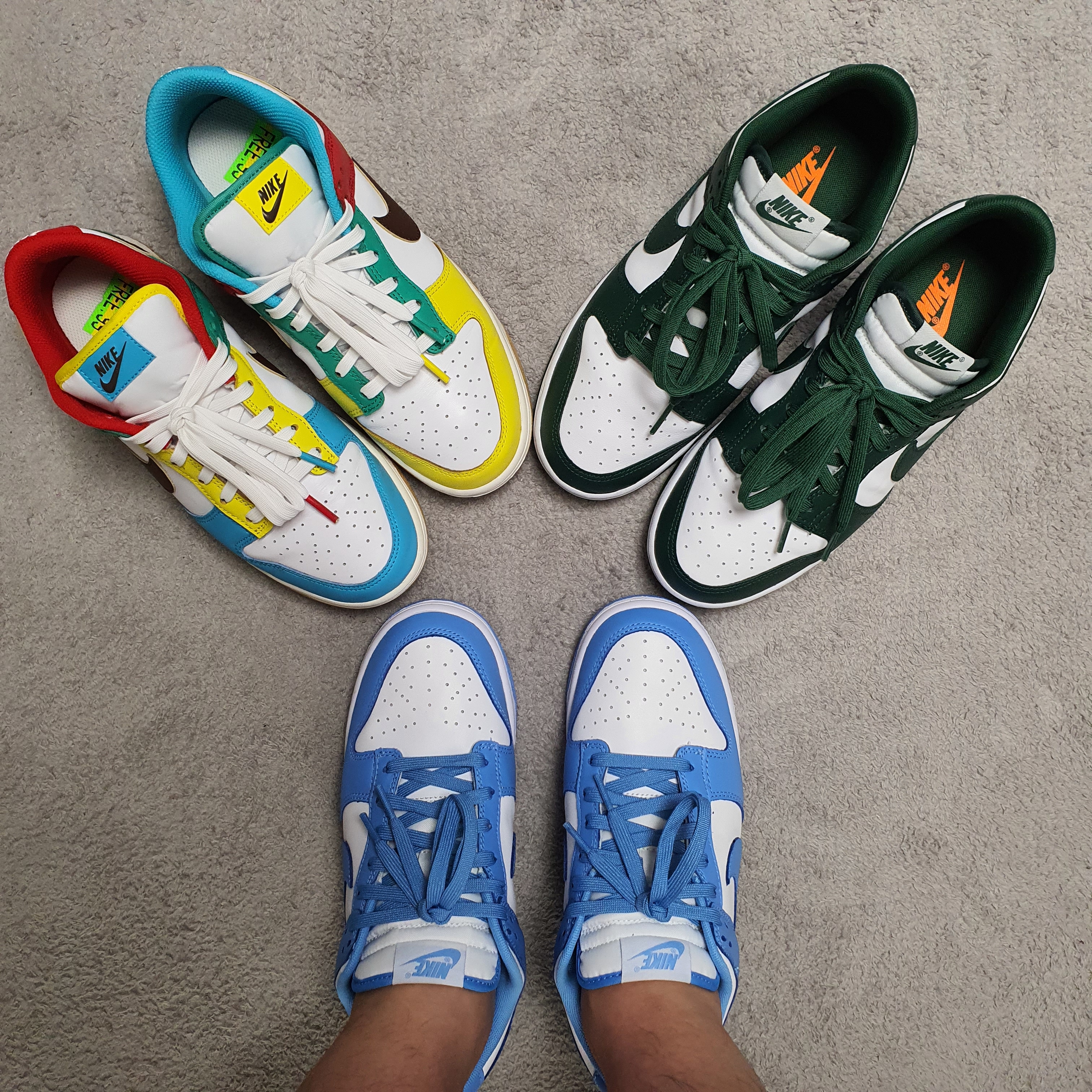 Nike Dunk Low Retro University Blue, Nike Dunk Low Retro Varsity Green 착용 스타일