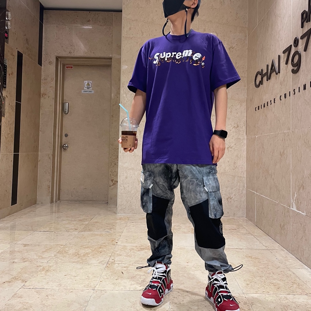 Nike Air More Uptempo 96 Bulls 2021, Supreme Apes T-Shirt Purple - 21SS 착용 스타일