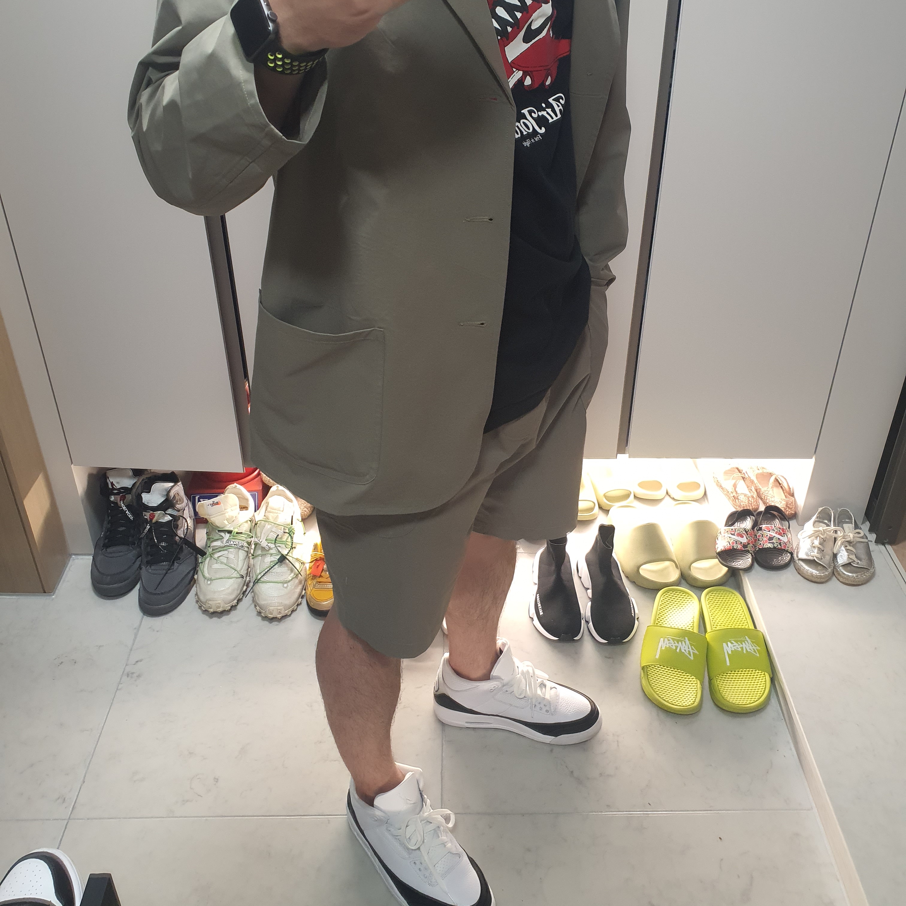 Jordan 3 x Fragment Retro SP White Black, Jordan 5 x Off-White Retro SP Black Muslin 착용 스타일
