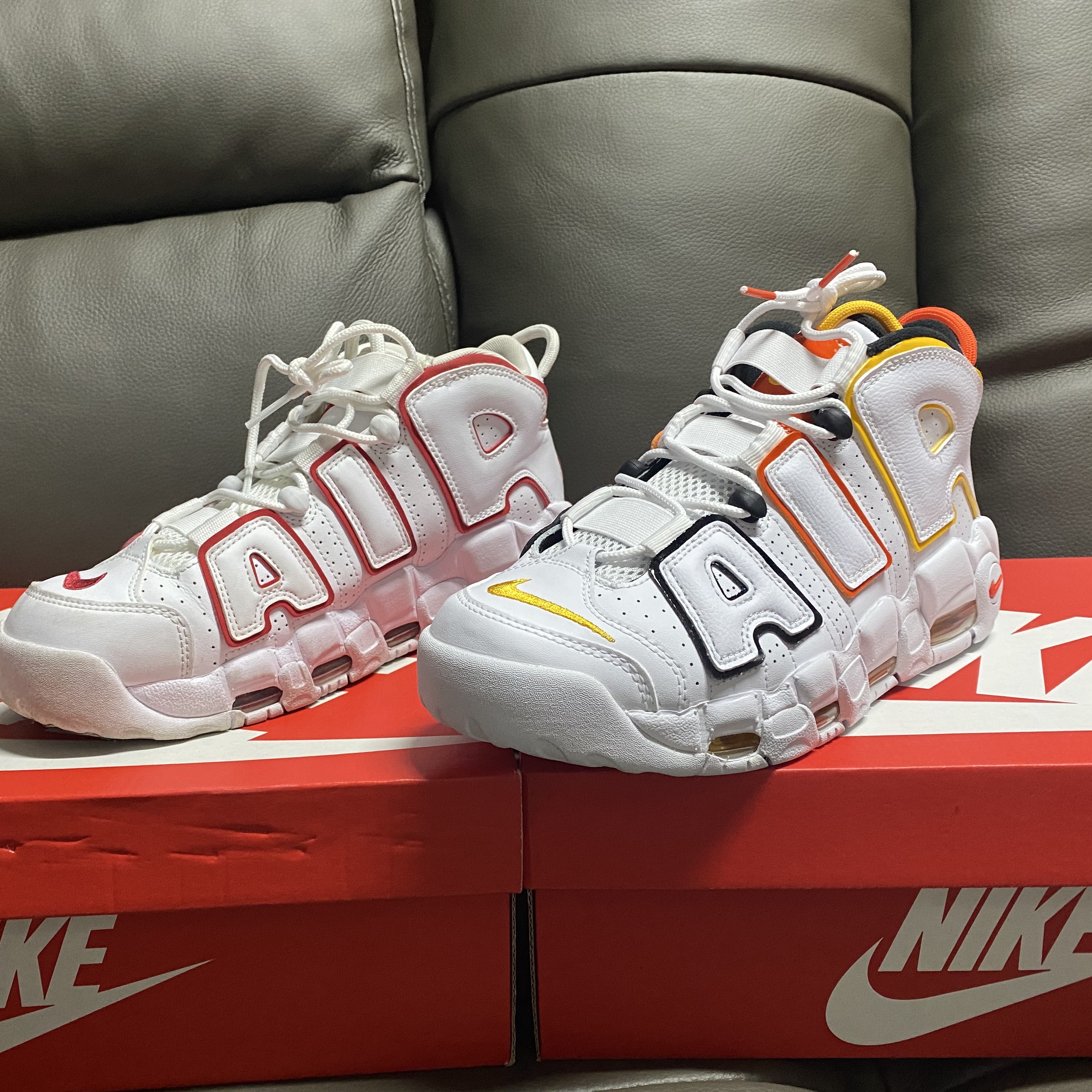 Nike Air More Uptempo Rayguns, Nike Air More Uptempo White Varsity Red 2018 착용 스타일