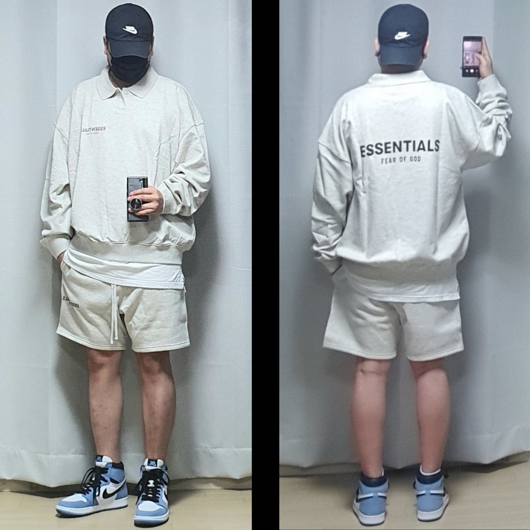 Essentials Long Sleeve Boxy Polo Oatmeal/Oatmeal Heather/Light Heather Oatmeal - 20FW, Jordan 1 Retro High OG University Blue 착용 스타일