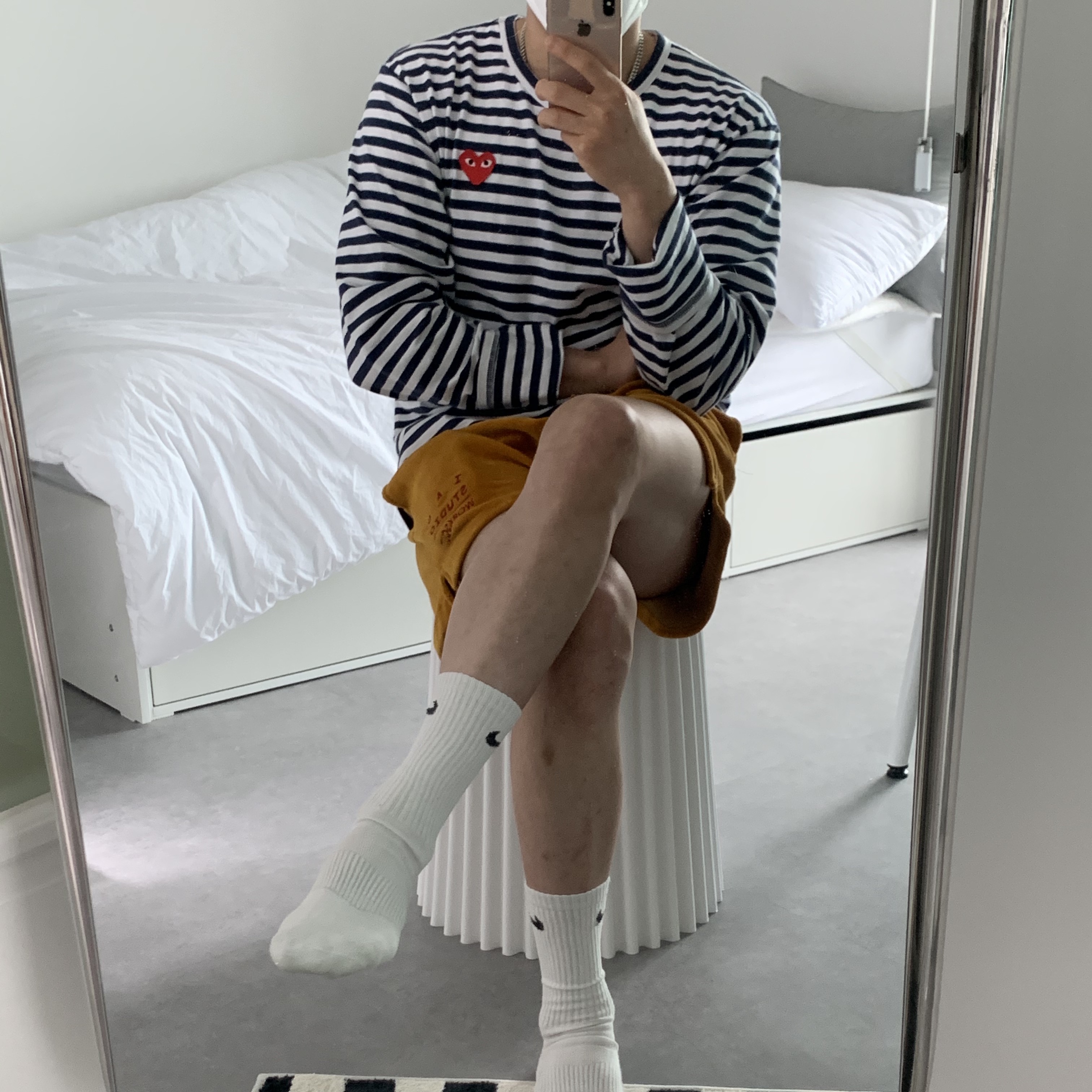 IAB Studio Corduroy Shorts Mustard for Worksout, Play Comme des Garcons Striped LS T-Shirt Navy White 착용 스타일