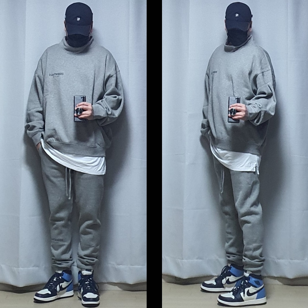 Jordan 1 Retro High Obsidian UNC, Essentials Sweatpants Heather Oatmeal - 20FW 착용 스타일