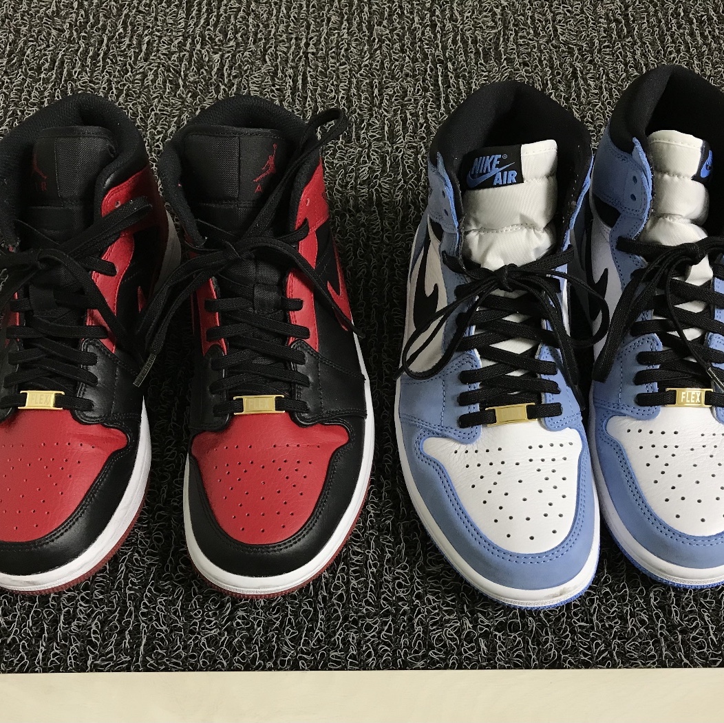 Jordan 1 Retro High OG University Blue, Jordan 1 Mid Bred Banned 2020 착용 스타일