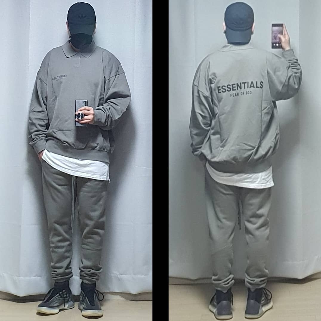 Essentials Sweatpants Cement - 20FW, Essentials Long Sleeve Boxy Polo Cement - 20FW 착용 스타일