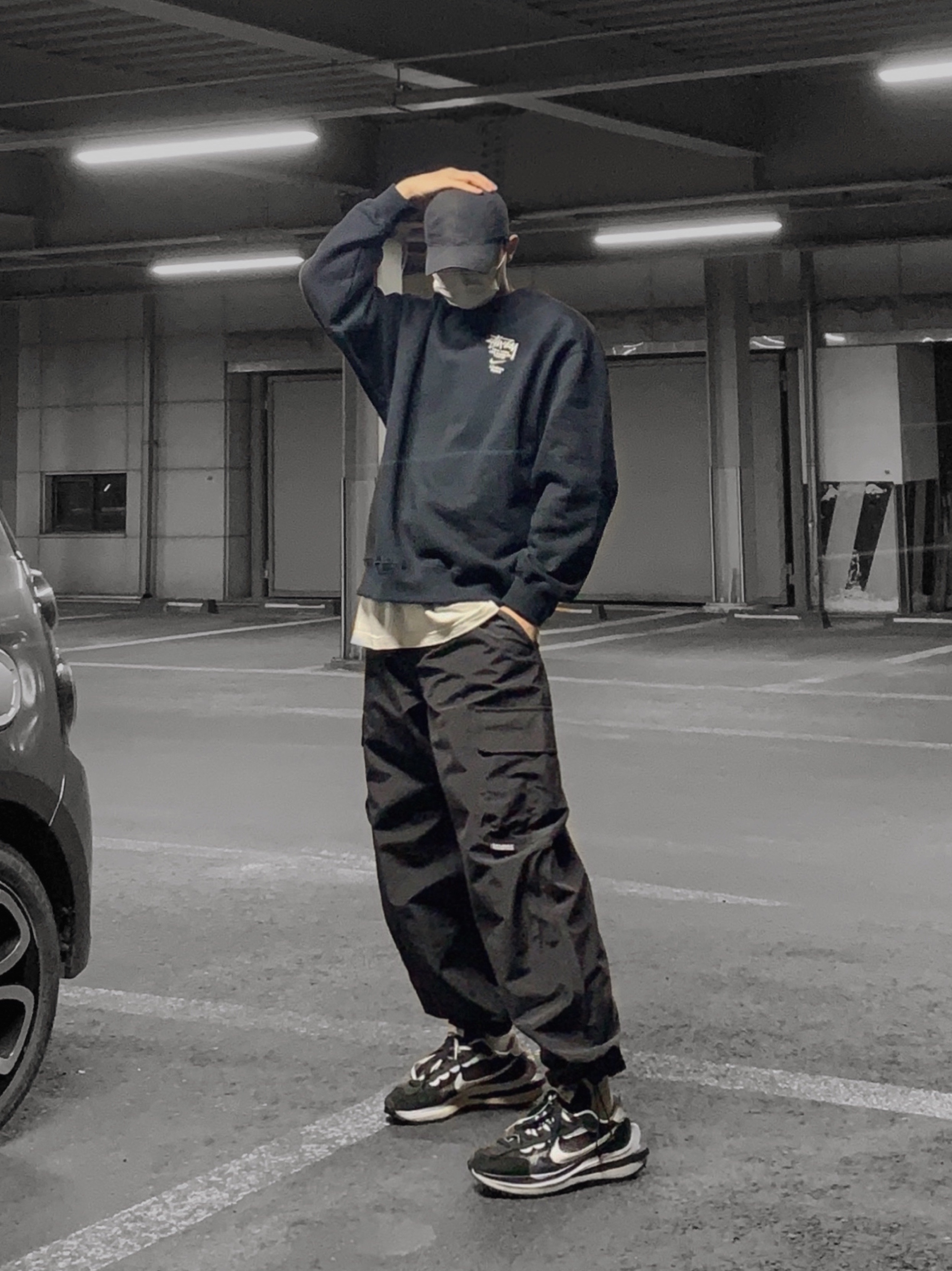 Nike x Stussy NRG ZR Fleece Crewneck Black - US/EU, Nike x Sacai VaporWaffle Black White 착용 스타일