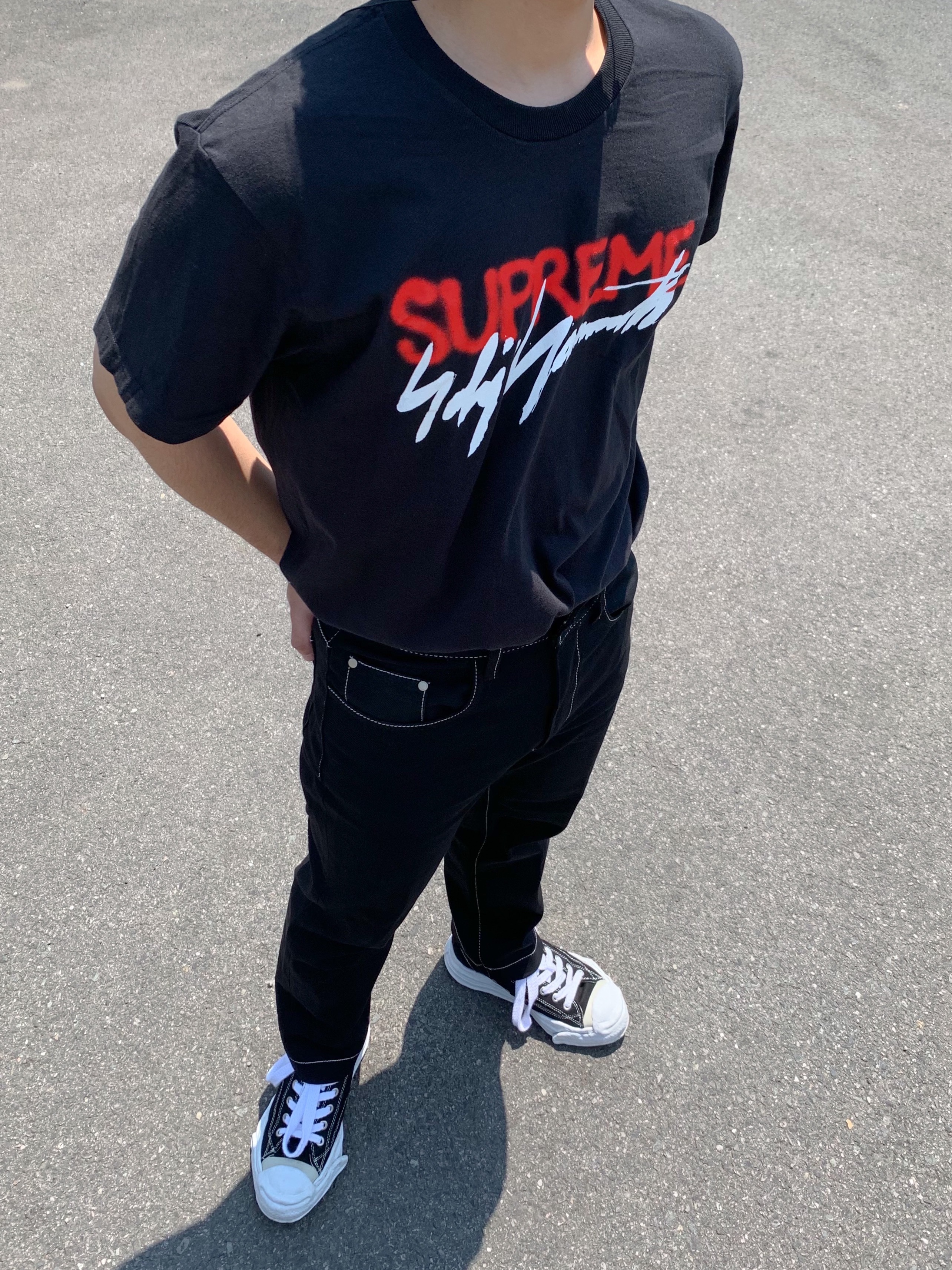 Supreme x Yohji Yamamoto Logo T-Shirt Black - 20FW, Maison Mihara Yasuhiro Hank OG Sole Canvas Low-top Sneakers Black 착용 스타일