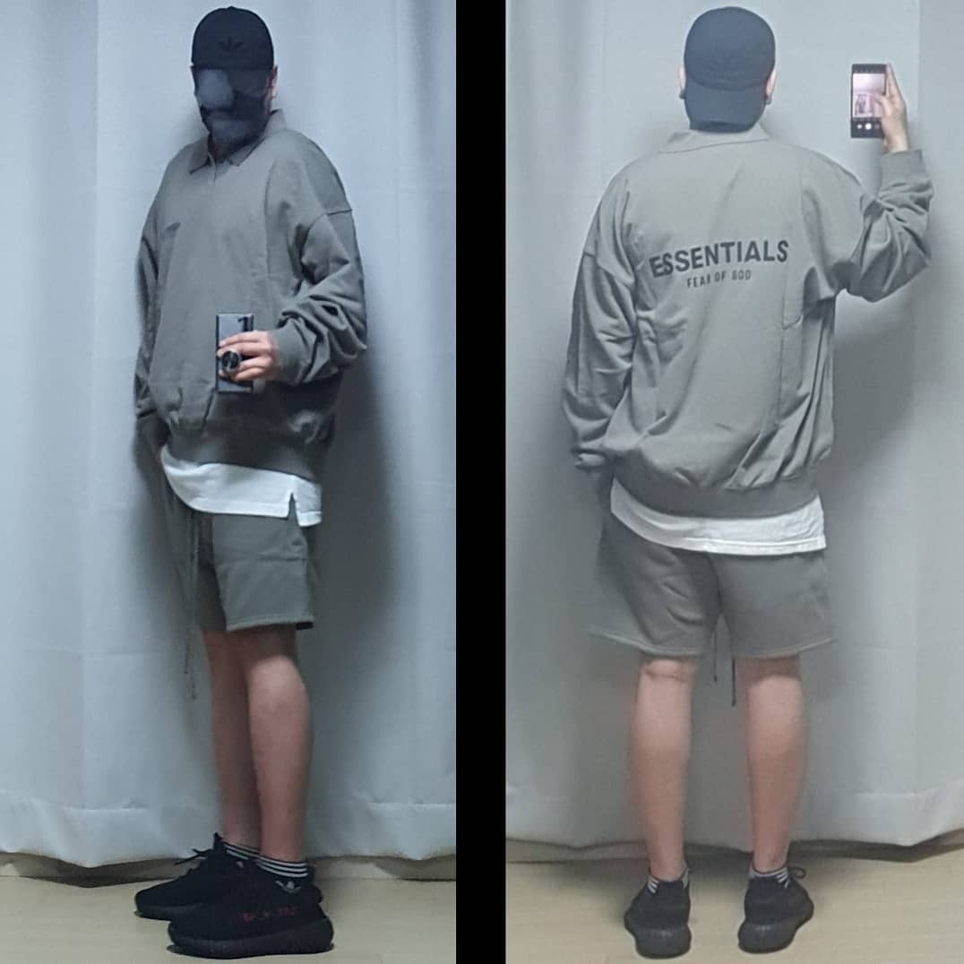 Essentials Long Sleeve Boxy Polo Cement - 20FW, Essentials Fleece Shorts Cement - 20FW 착용 스타일