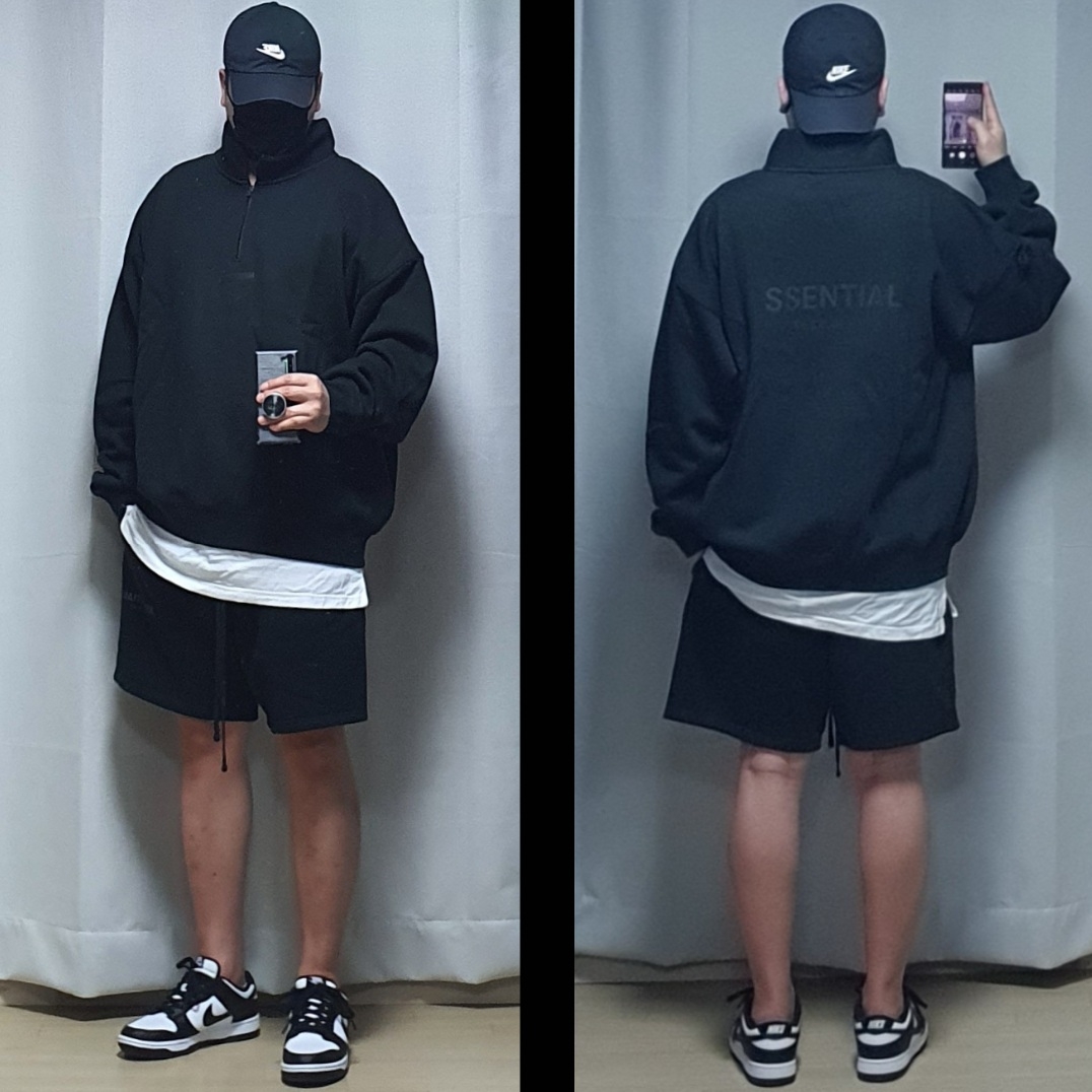 Essentials Mockneck Half-Zip Black - 21SS, Essentials Sweatshorts Black - 21SS 착용 스타일