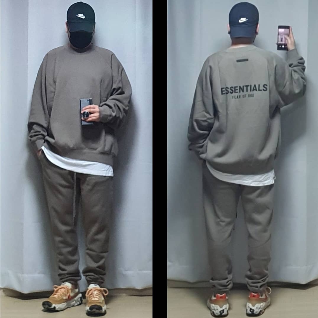 Essentials Pull-Over Crewneck Sweatshirt Taupe - 21SS, Essentials Sweatpants Taupe - 20FW 착용 스타일