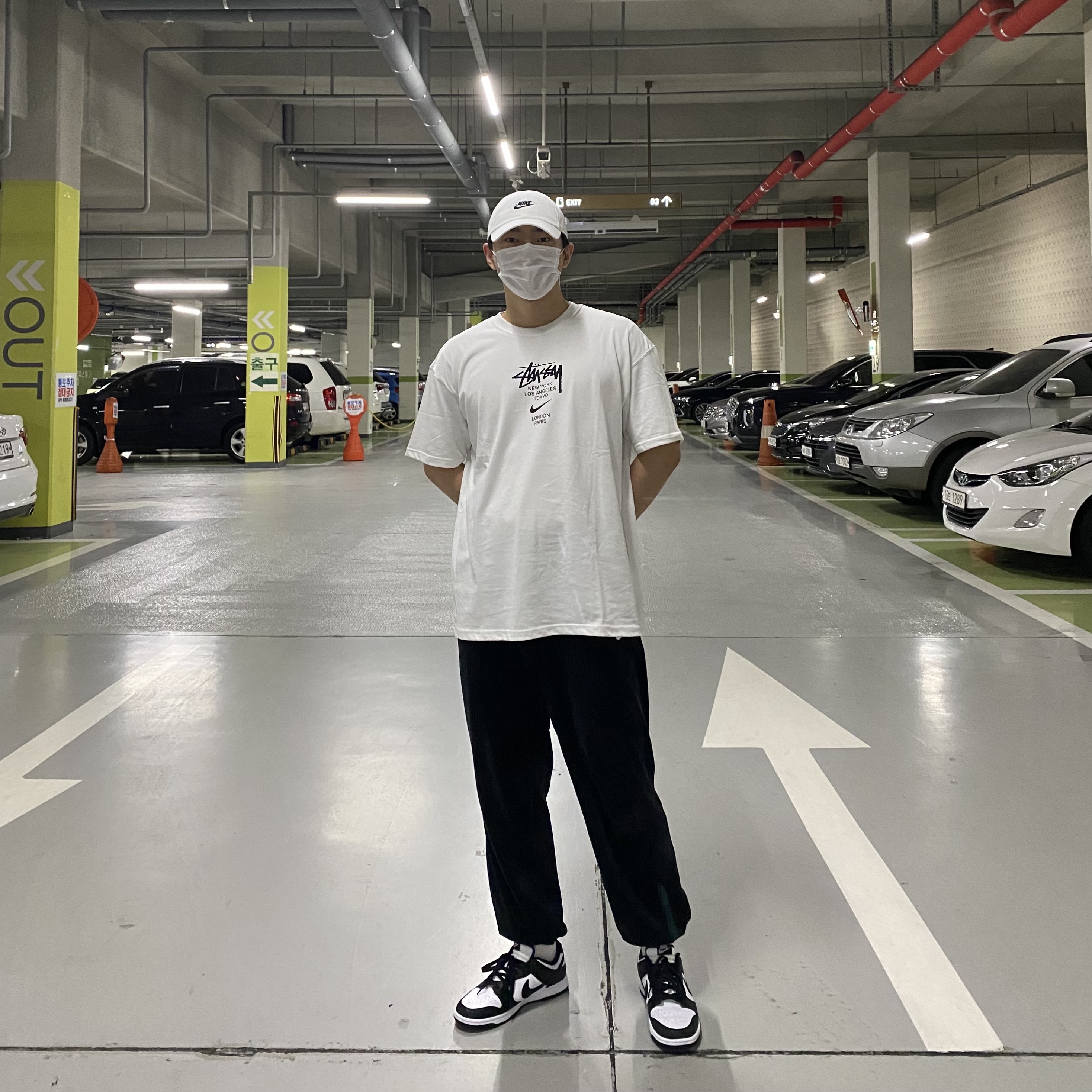 Nike Dunk Low Retro Black, Nike x Stussy WT T-Shirt White - US/EU 착용 스타일