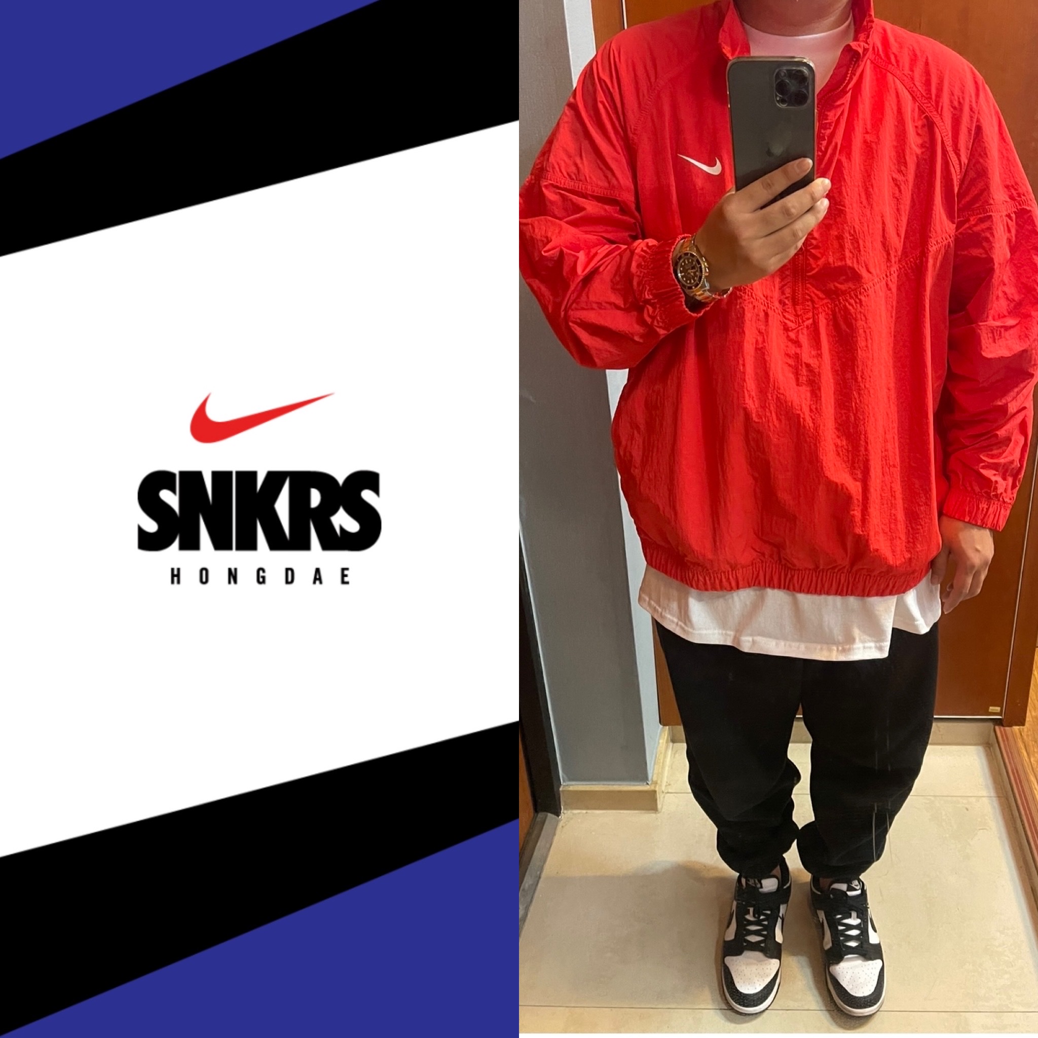 Nike Dunk Low Retro Black, Nike x Stussy Windrunner Jacket Habanero Red 착용 스타일