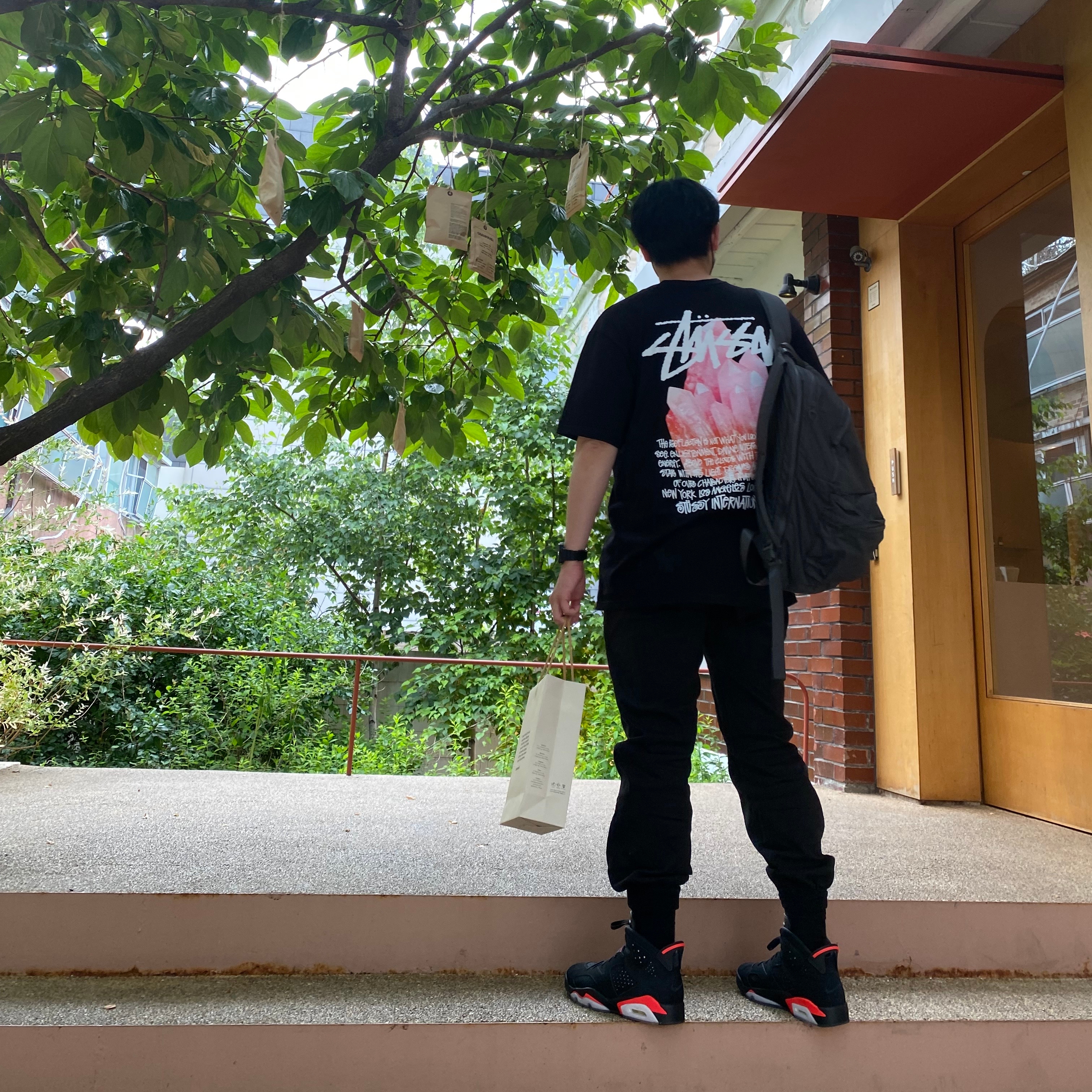 Jordan 6 Retro Infrared 2019, Stussy Reflection T-Shirt Black 착용 스타일 - 1