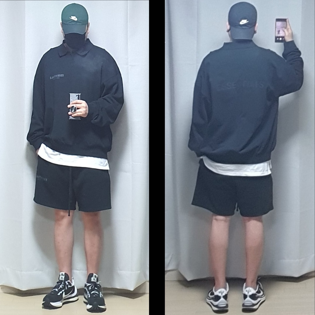 Essentials Long Sleeve Boxy Polo Black - 20FW, Essentials Sweatshorts Black - 21SS 착용 스타일