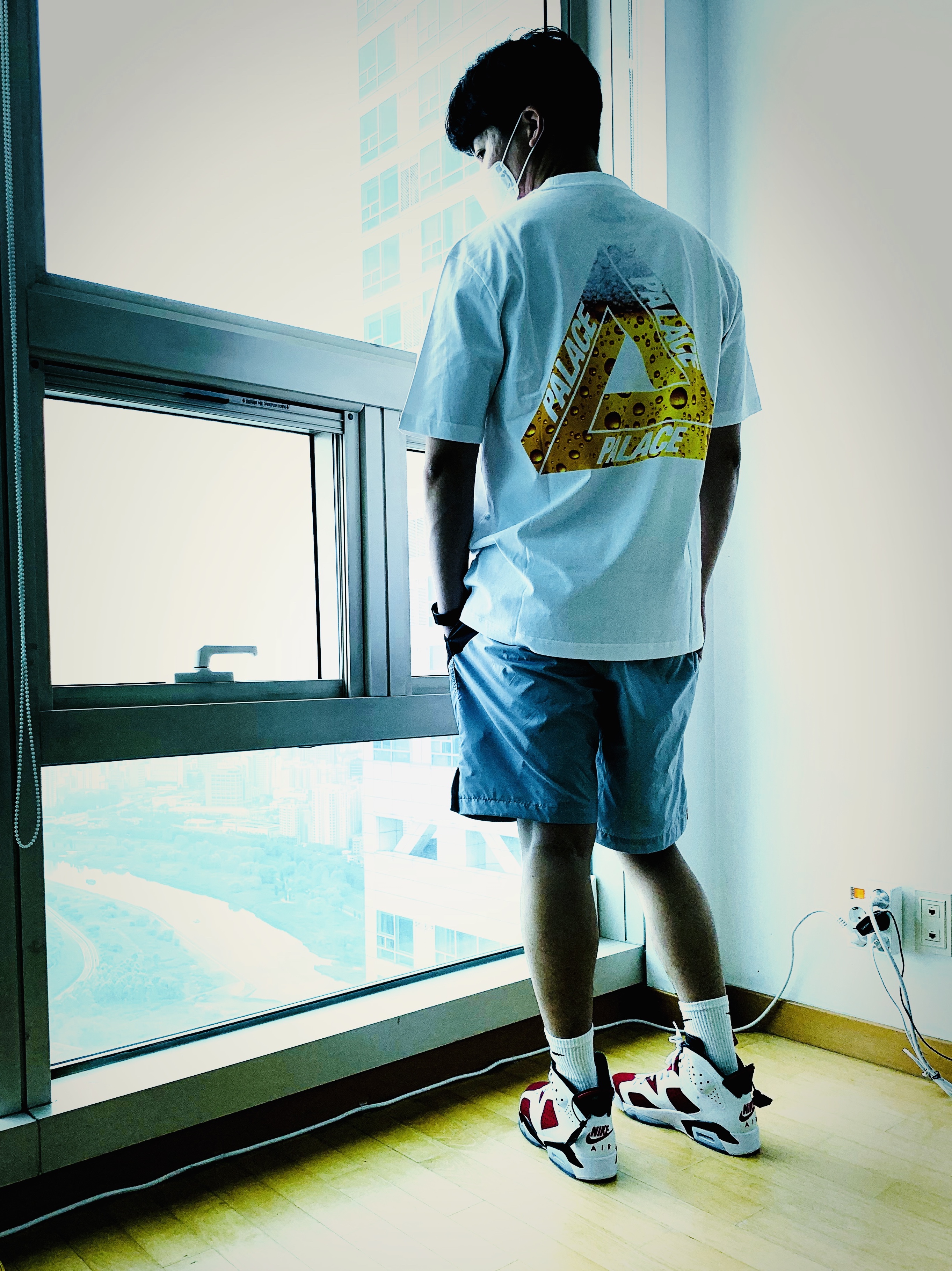 Jordan 6 Retro Carmine 2021, Palace Tri-Lager T-Shirt White - 20FW 착용 스타일