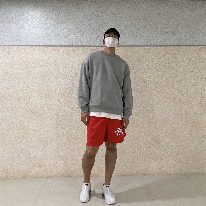 Nike x Stussy Water Shorts Habanero Red, Nike x Stussy Air Zoom Spiridon Kukini White 착용 스타일