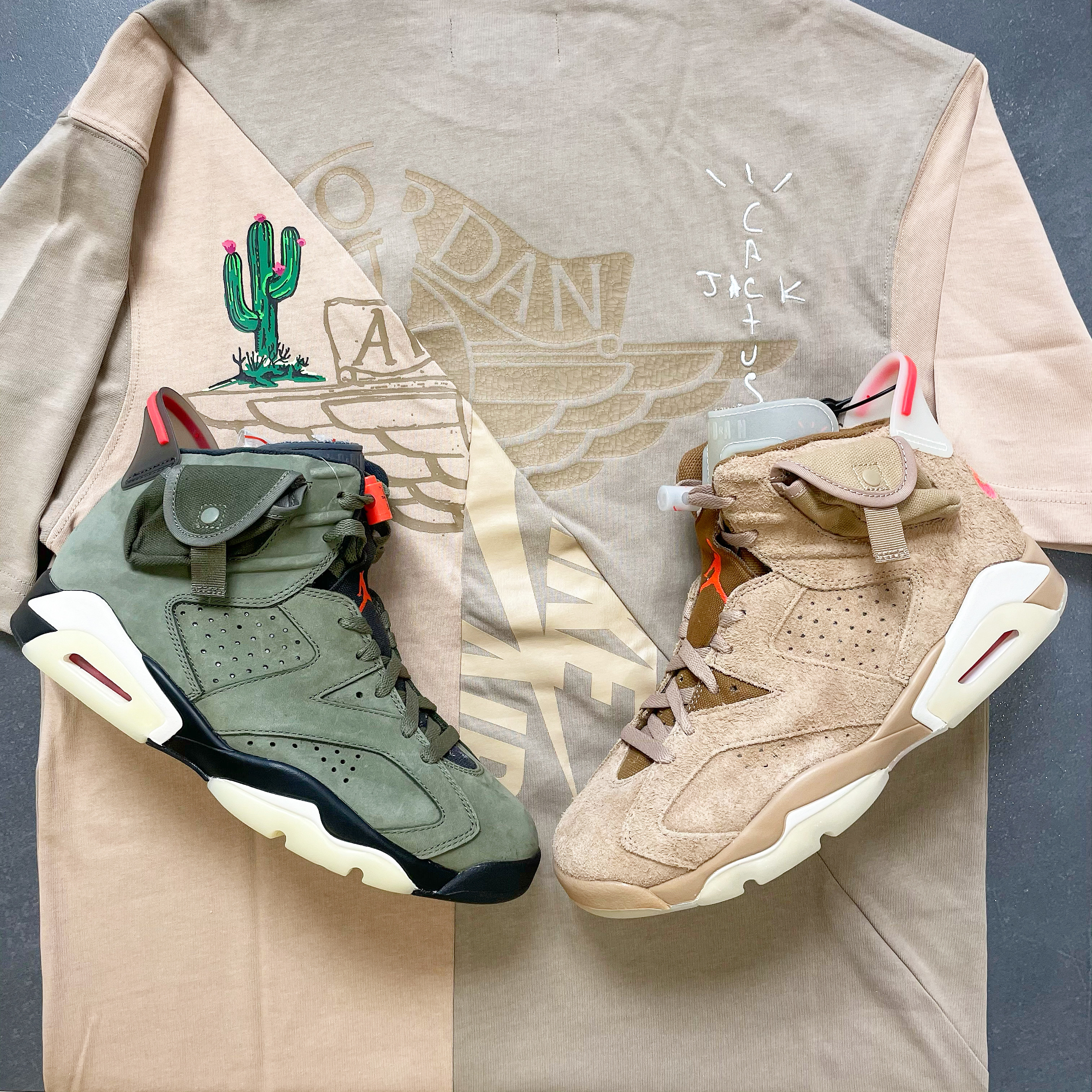 Jordan 6 x Travis Scott Retro SP British Khaki, Jordan x Travis Scott S/S Top - US/EU 착용 스타일