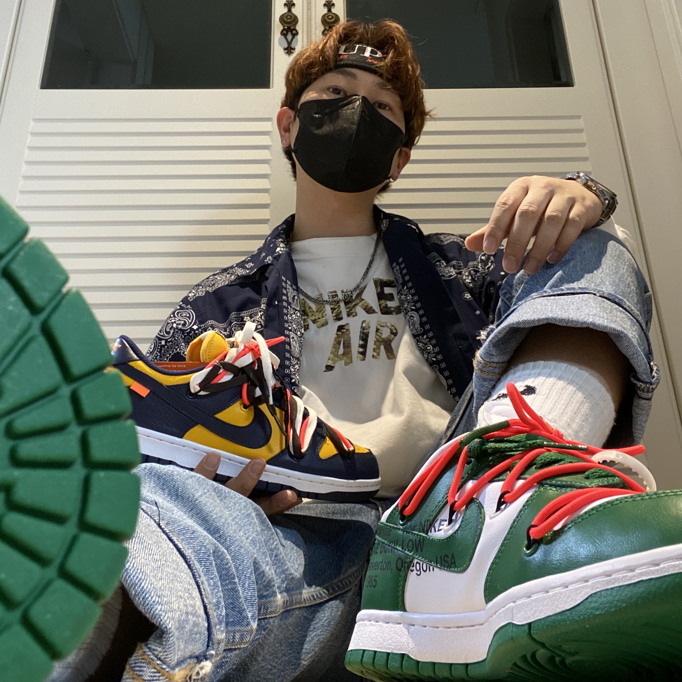 Nike x Off-White Dunk Low Pine Green, Nike x Off-White Dunk Low University Gold Midnight Navy 착용 스타일