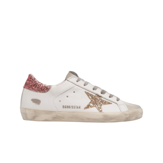 (W) Golden Goose Superstar White Glitter Pink Heel Tab Sneakers