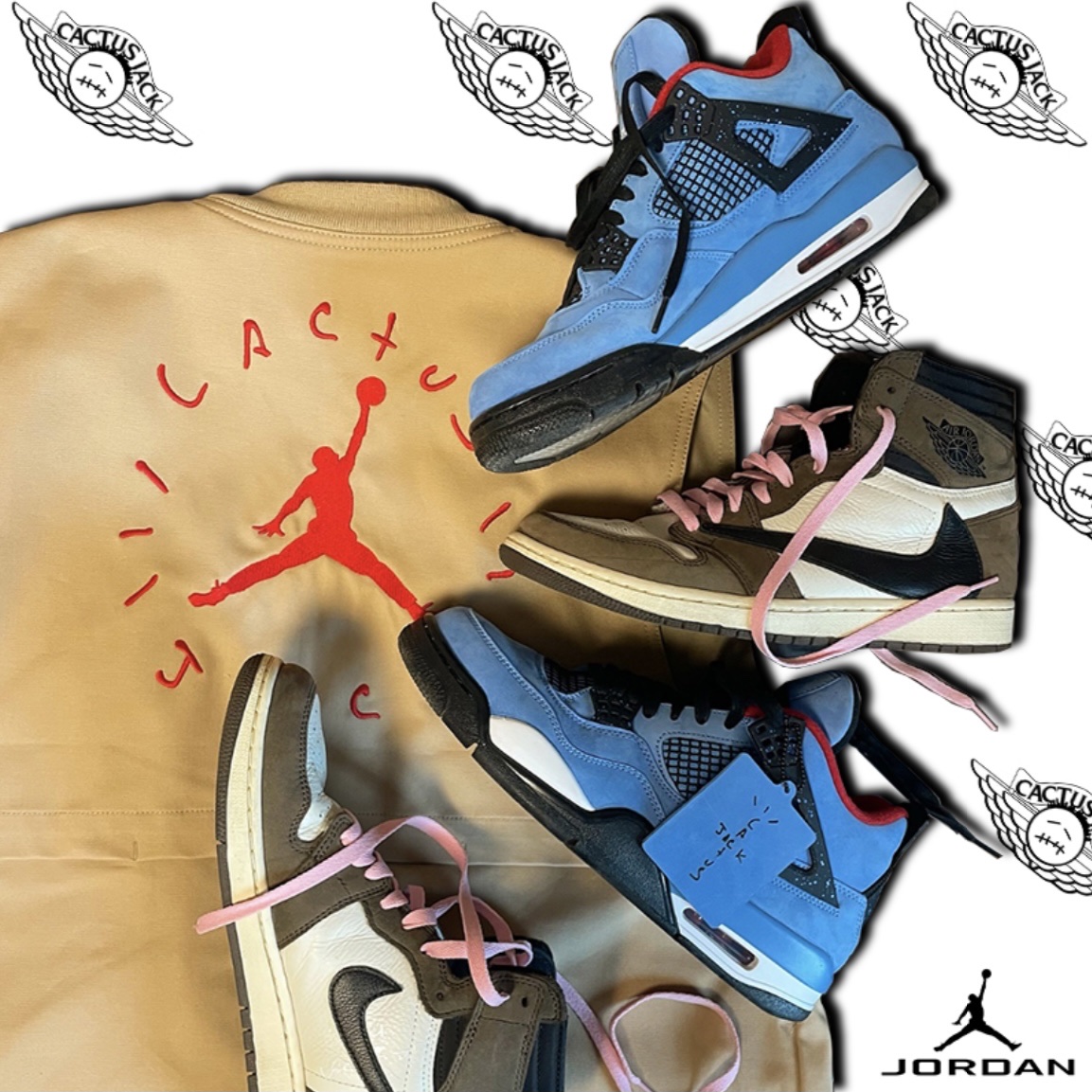 Jordan 4 x Travis Scott Retro Cactus Jack, Jordan 1 x Travis Scott Retro High OG SP Mocha 착용 스타일