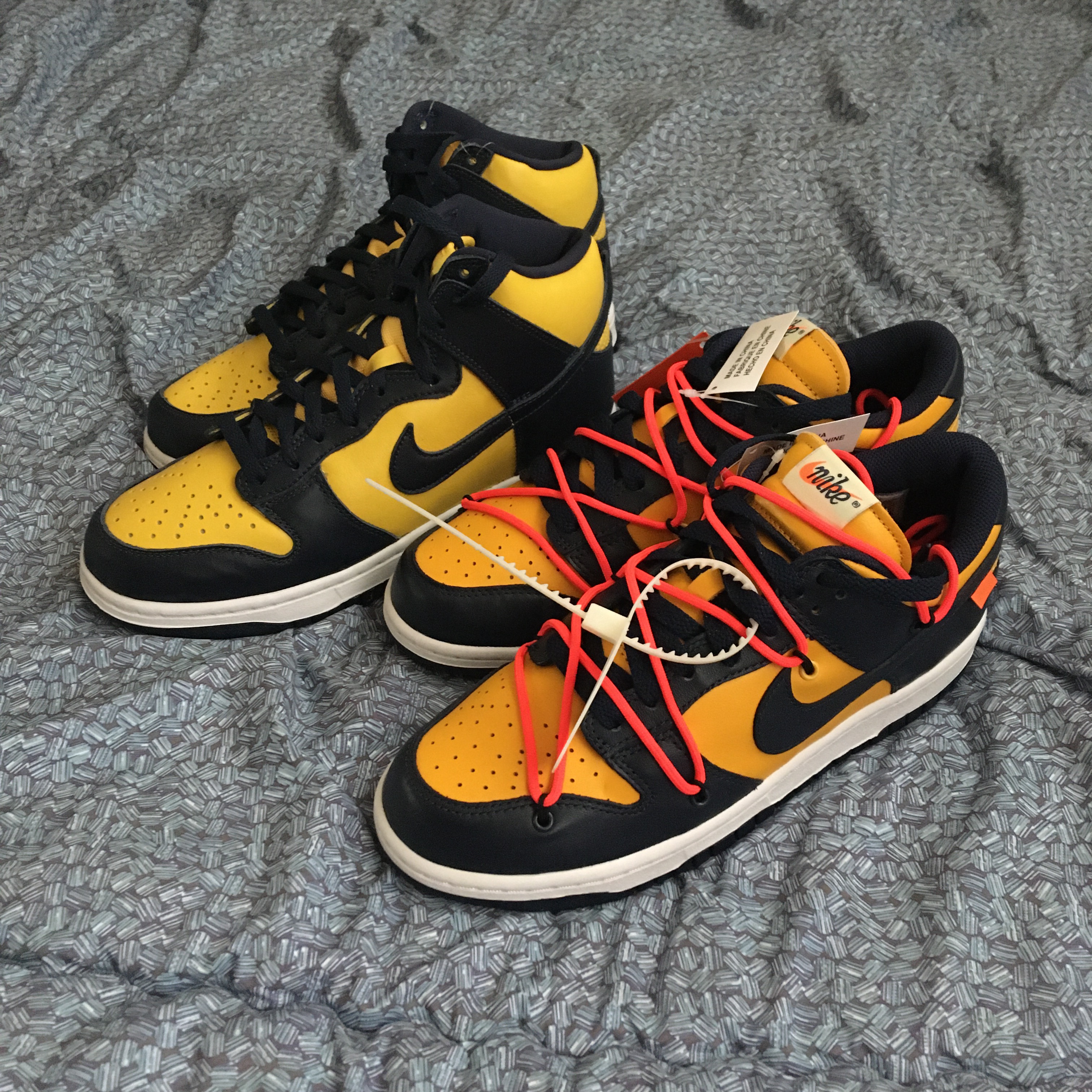 Nike Dunk High SP Maize & Blue, Nike x Off-White Dunk Low University Gold Midnight Navy 착용 스타일