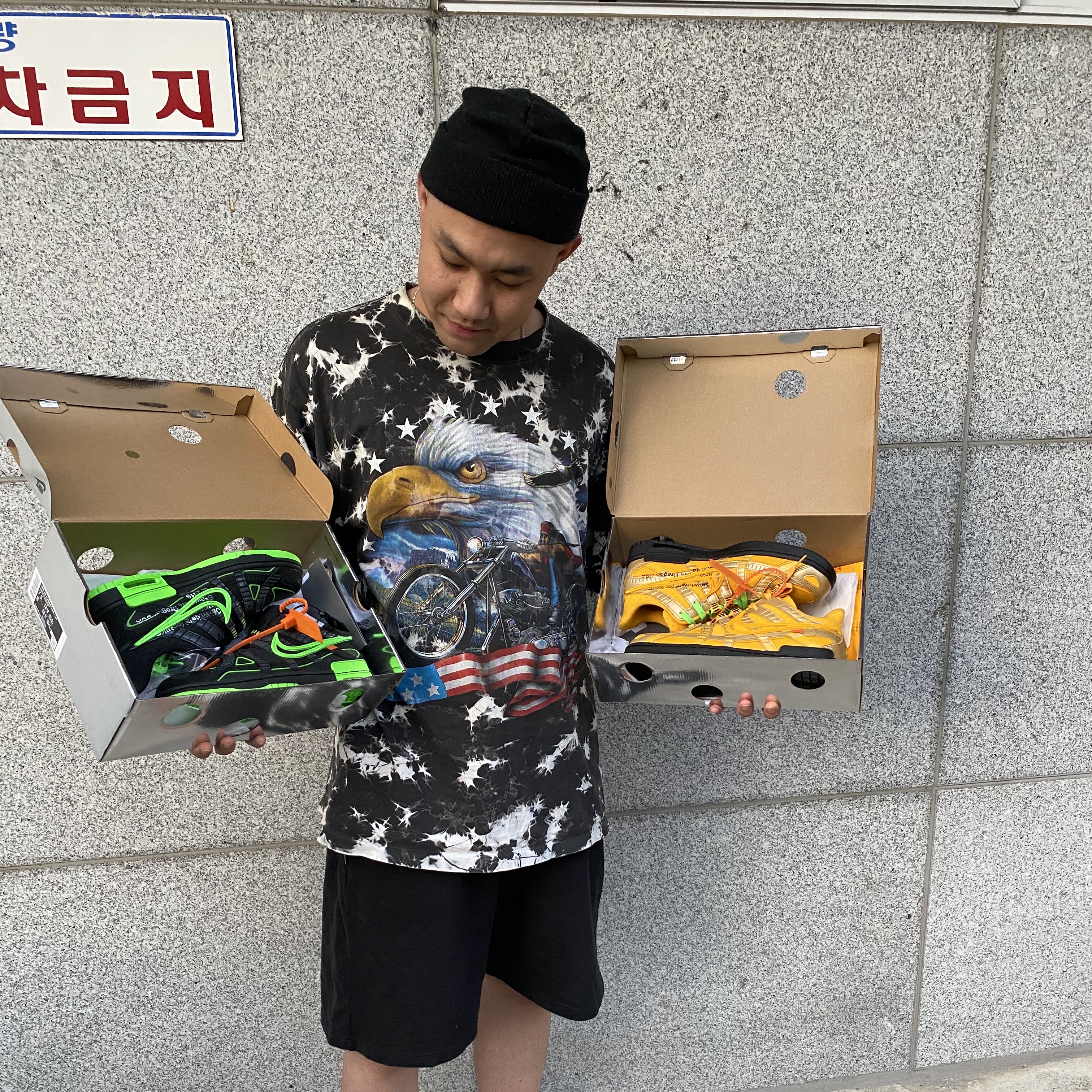Nike x Off-White Air Rubber Dunk University Gold, Nike x Off-White Air Rubber Dunk Green Strike 착용 스타일