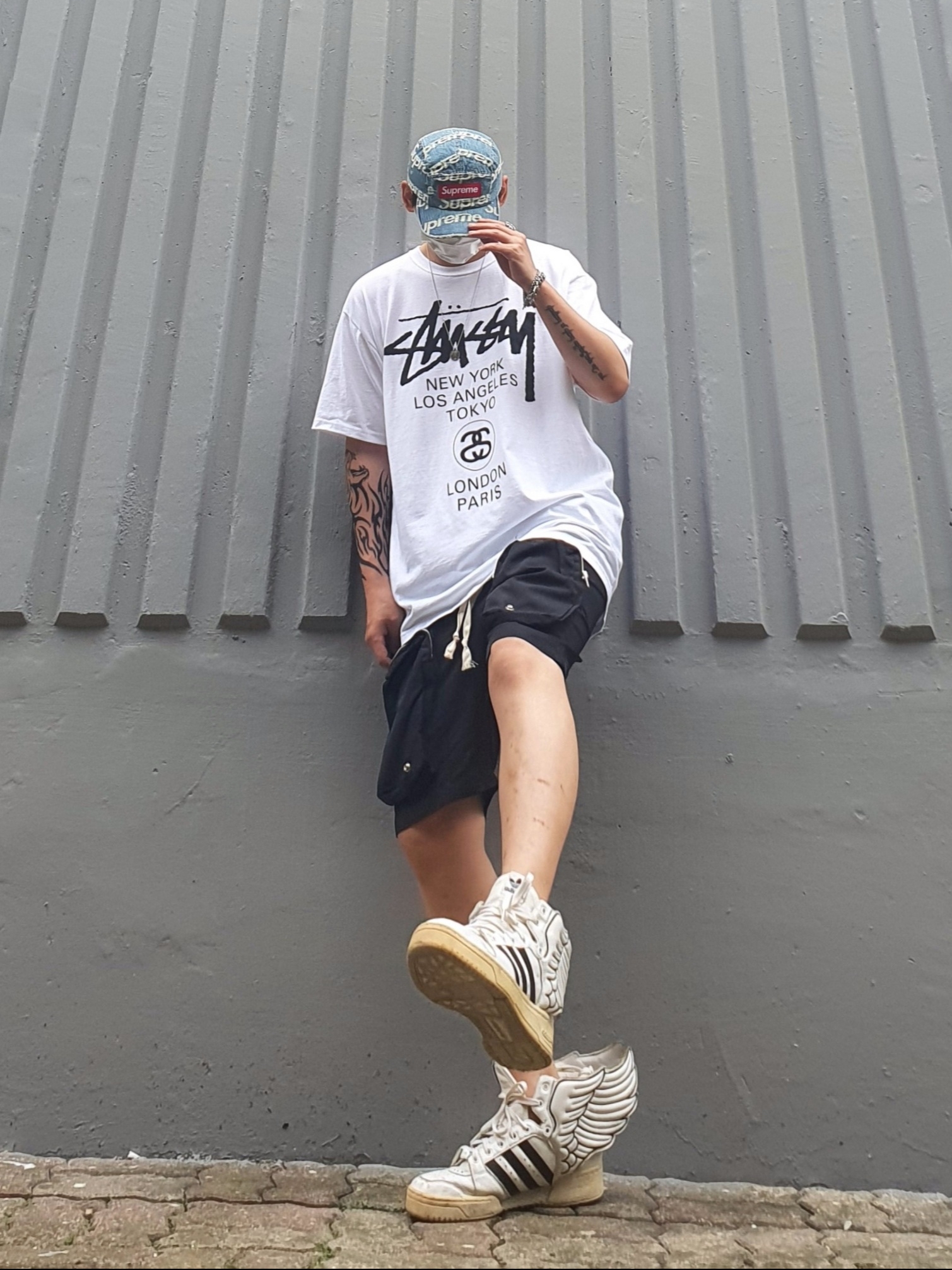Supreme Frayed Logos Denim Camp Cap Blue - 21SS 착용 스타일
