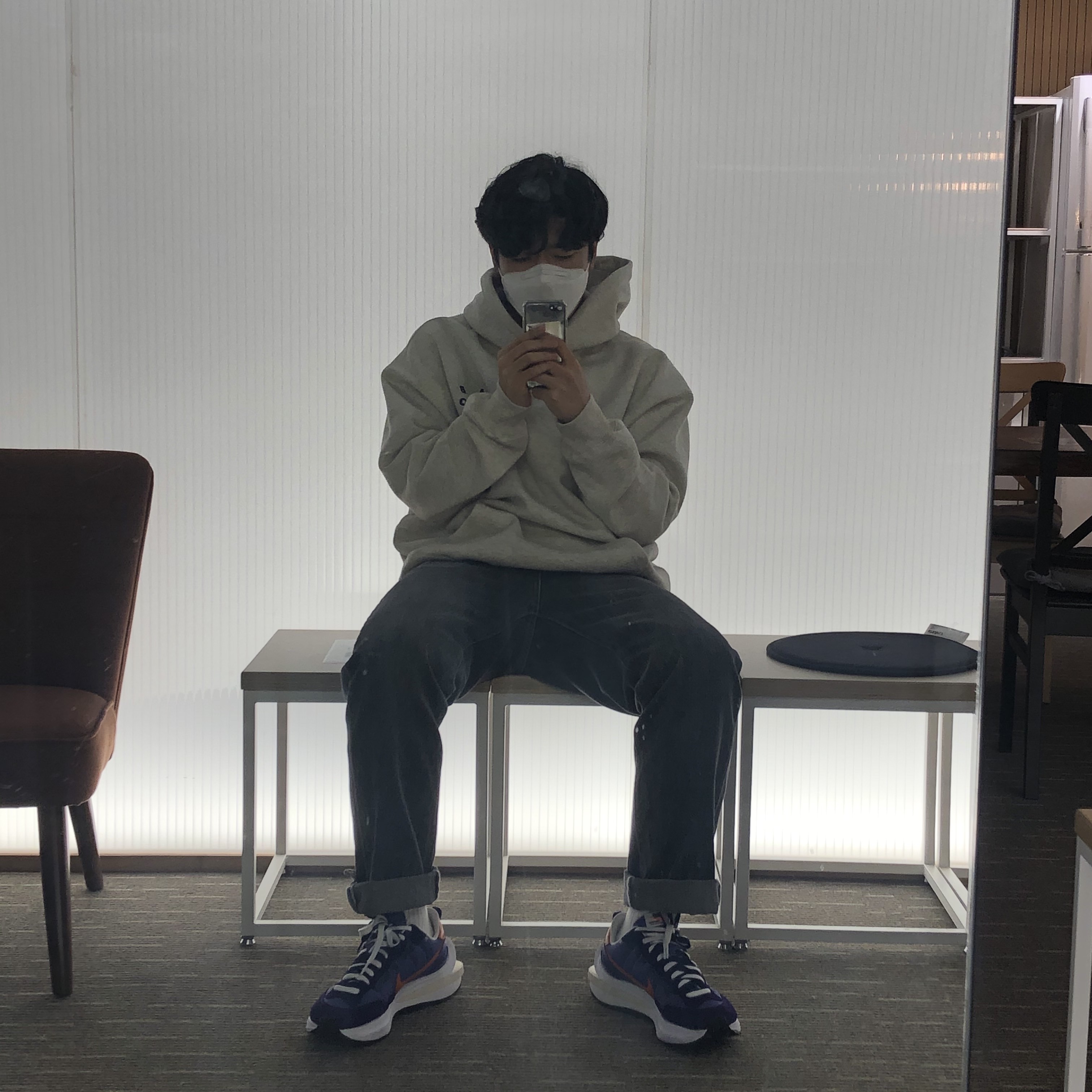 Nike x Sacai VaporWaffle Dark Iris, IAB Studio Hoodie Oatmeal Gray - 21SS 착용 스타일 - 1