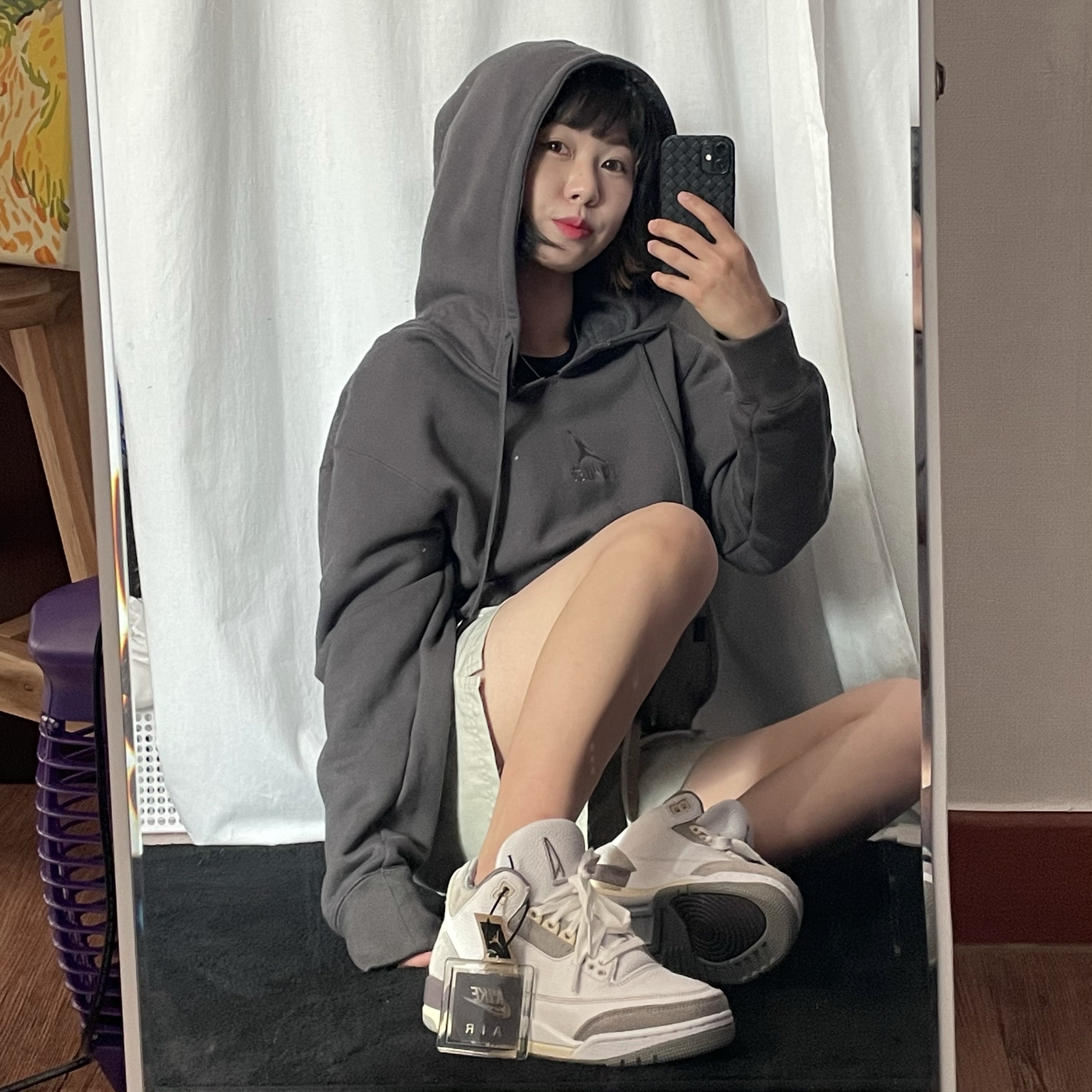 (W) Jordan 3 x A Ma Maniere Retro SP, Jordan x A Ma Maniere Fleece Pullover Hoodie Midnight Fog - Asia 착용 스타일 - 2