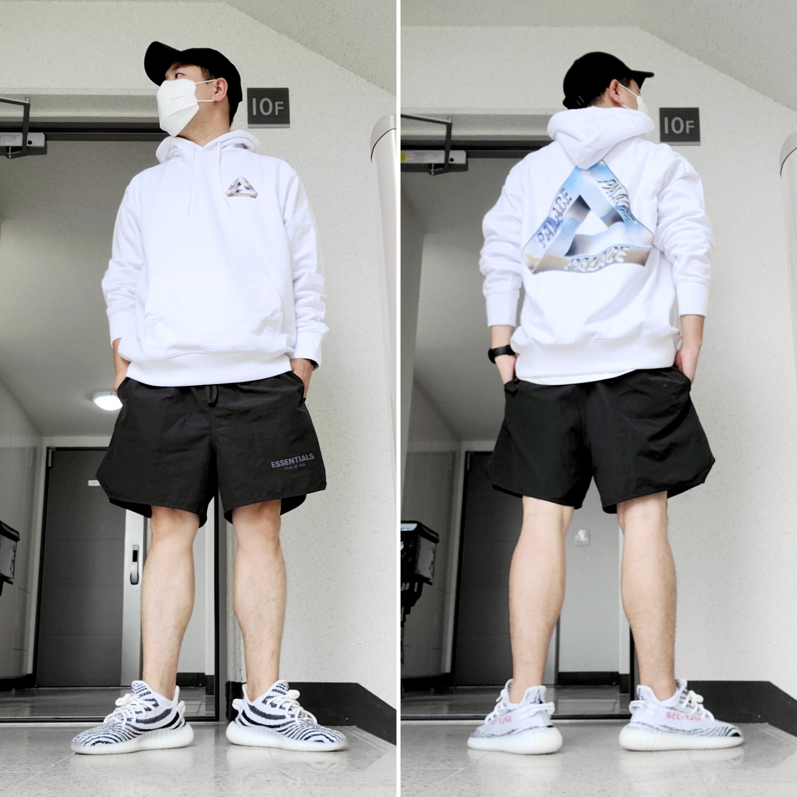 Palace Tri-Chrome Hood White - 21SS, Essentials Volley Shorts Black - 20FW 착용 스타일