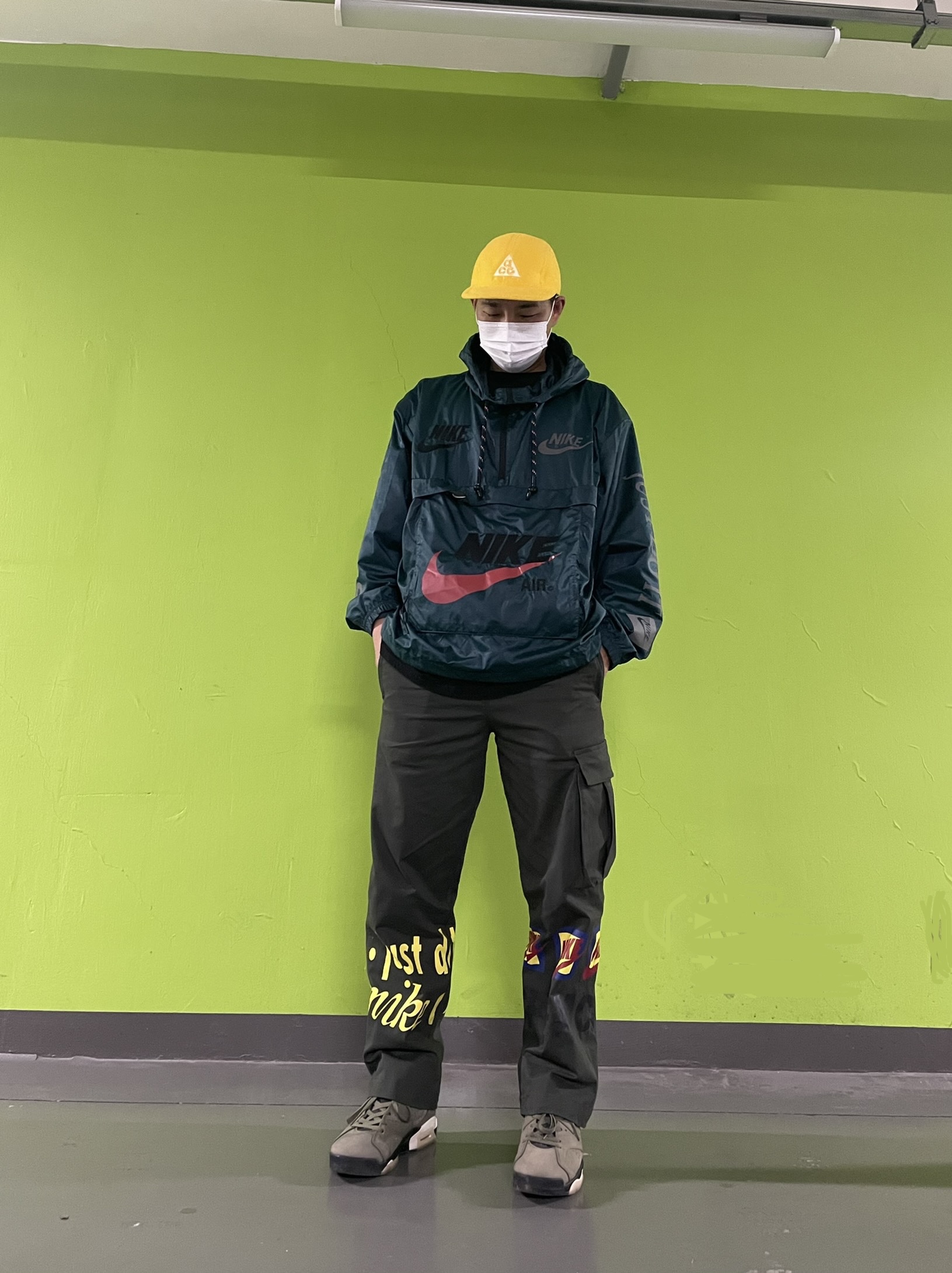 Nike x Cactus Plant Flea Market Track Pants Olive, Nike x Cactus Plant Flea Market Anorak Teal 착용 스타일